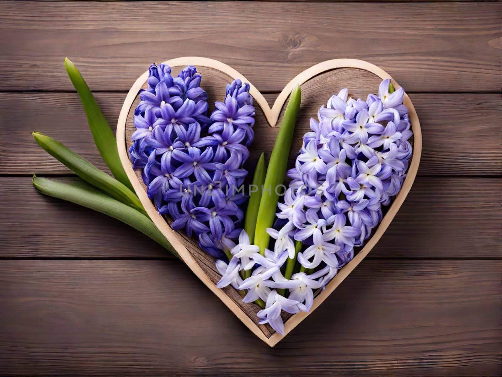 March eight Women's Day card from spring hyacinth flowers heart. Minimal greeting card for International Women Day on blue background