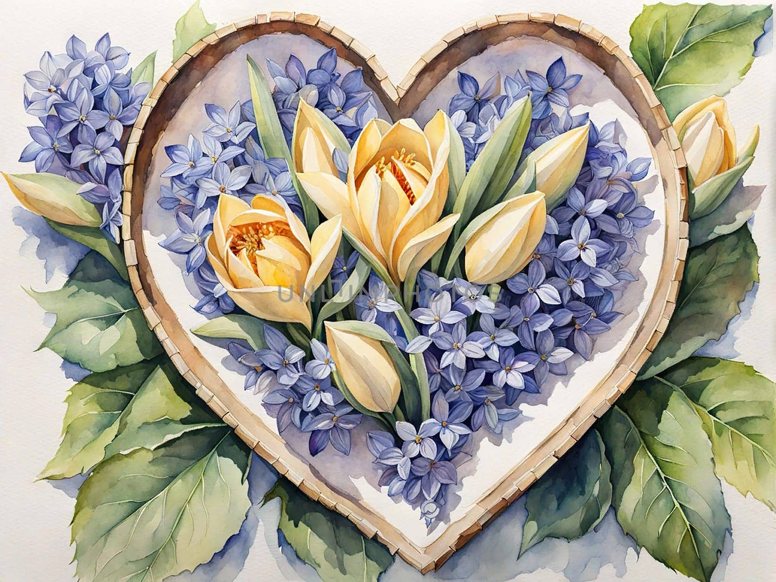 Watercolor Illustration March 8th heart made hyacinths. International Women's Day, or Mother's Day. Abstract pink and violet Watercolor Greeting Card.