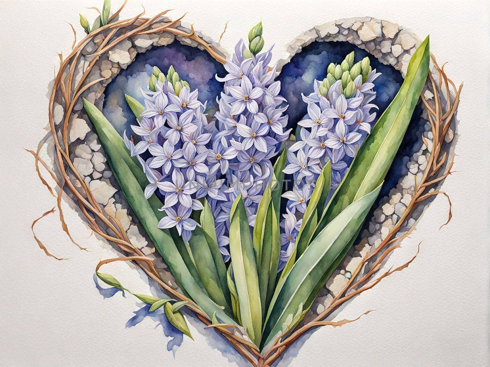 Watercolor Illustration March 8th heart made hyacinths. International Women's Day, or Mother's Day. Abstract pink and violet Watercolor Greeting Card.