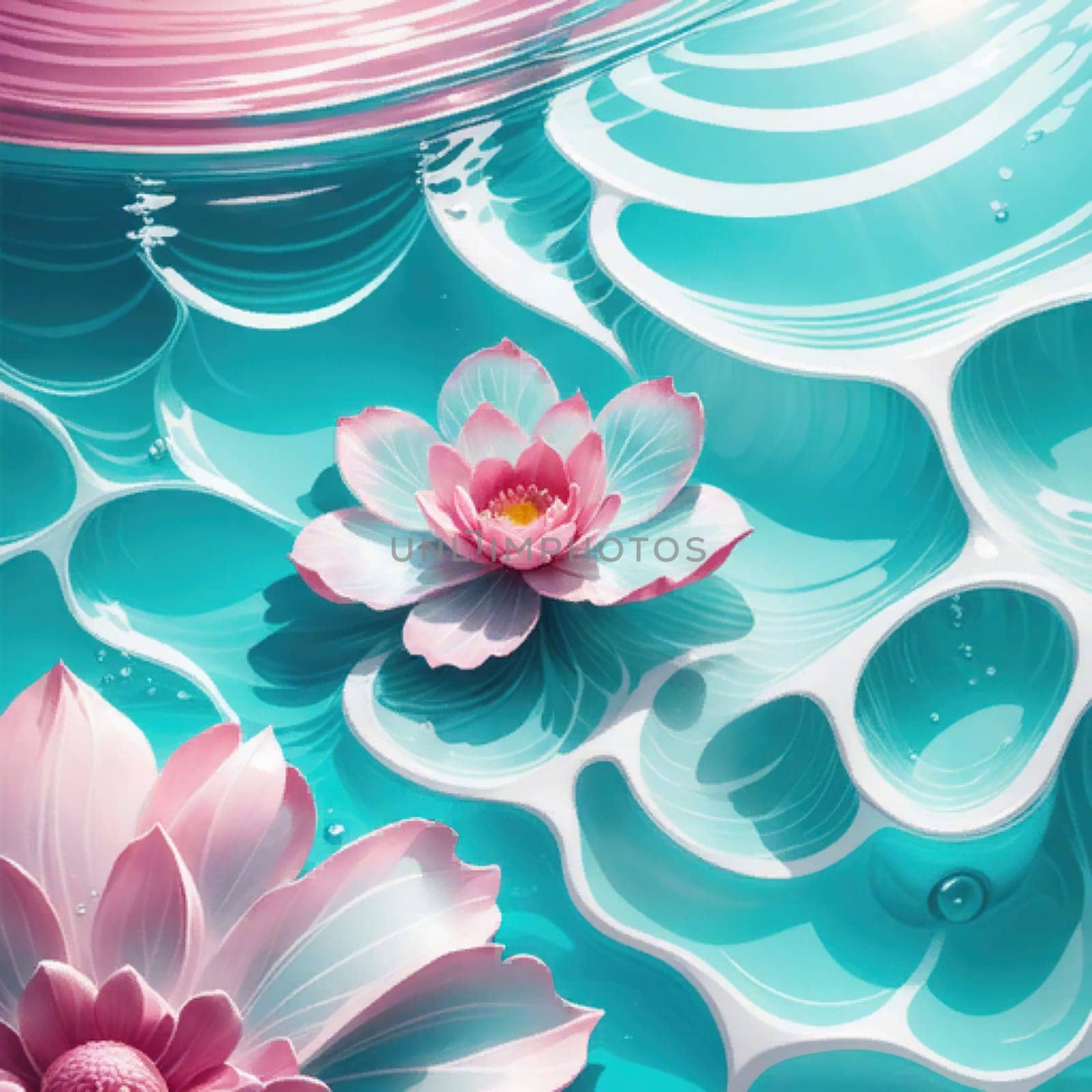 Pink flowers lilies and buds floating on blue surface water with rings and ripples, splashes and bubbles. Spa and cosmetics background.