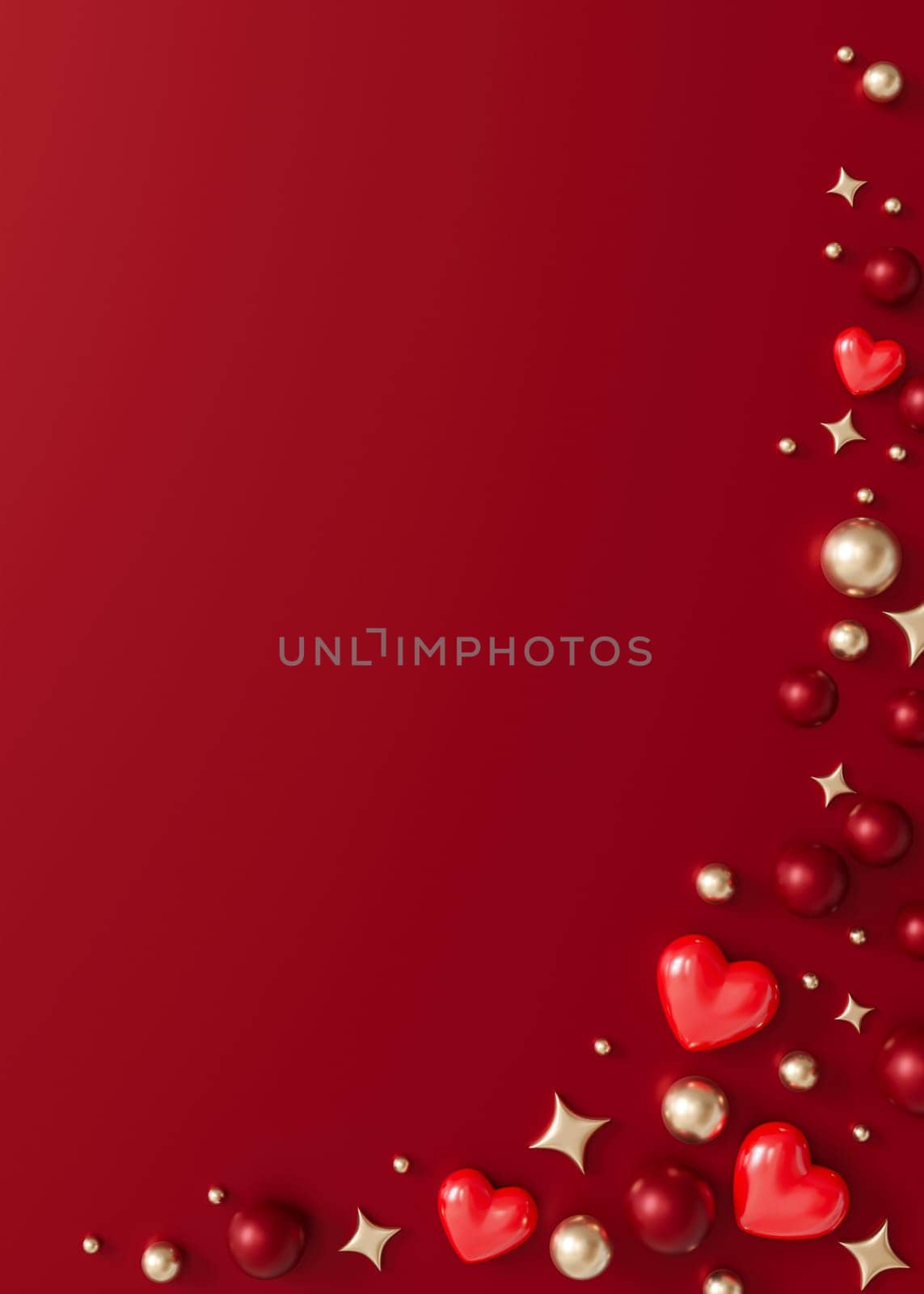 Glossy red hearts, golden pearls, and star accents scattered on a deep red background. Vertical Valentine's Day backdrop with copy space. Postcard, greeting card design. Love and passion. 3D render