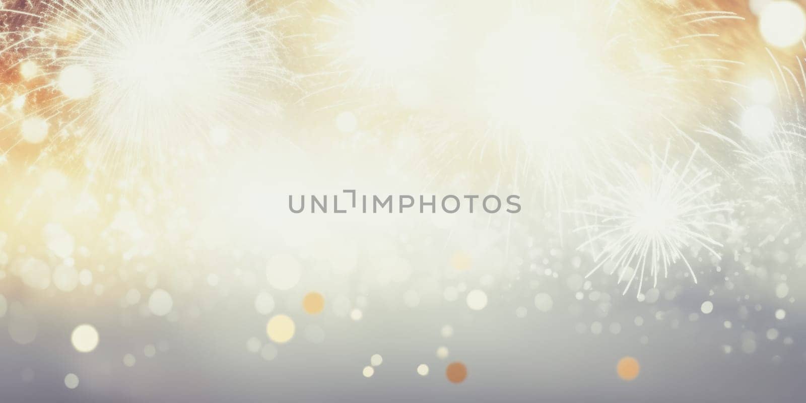 Bright white and gold fireworks at New Year with copy space. comeliness.