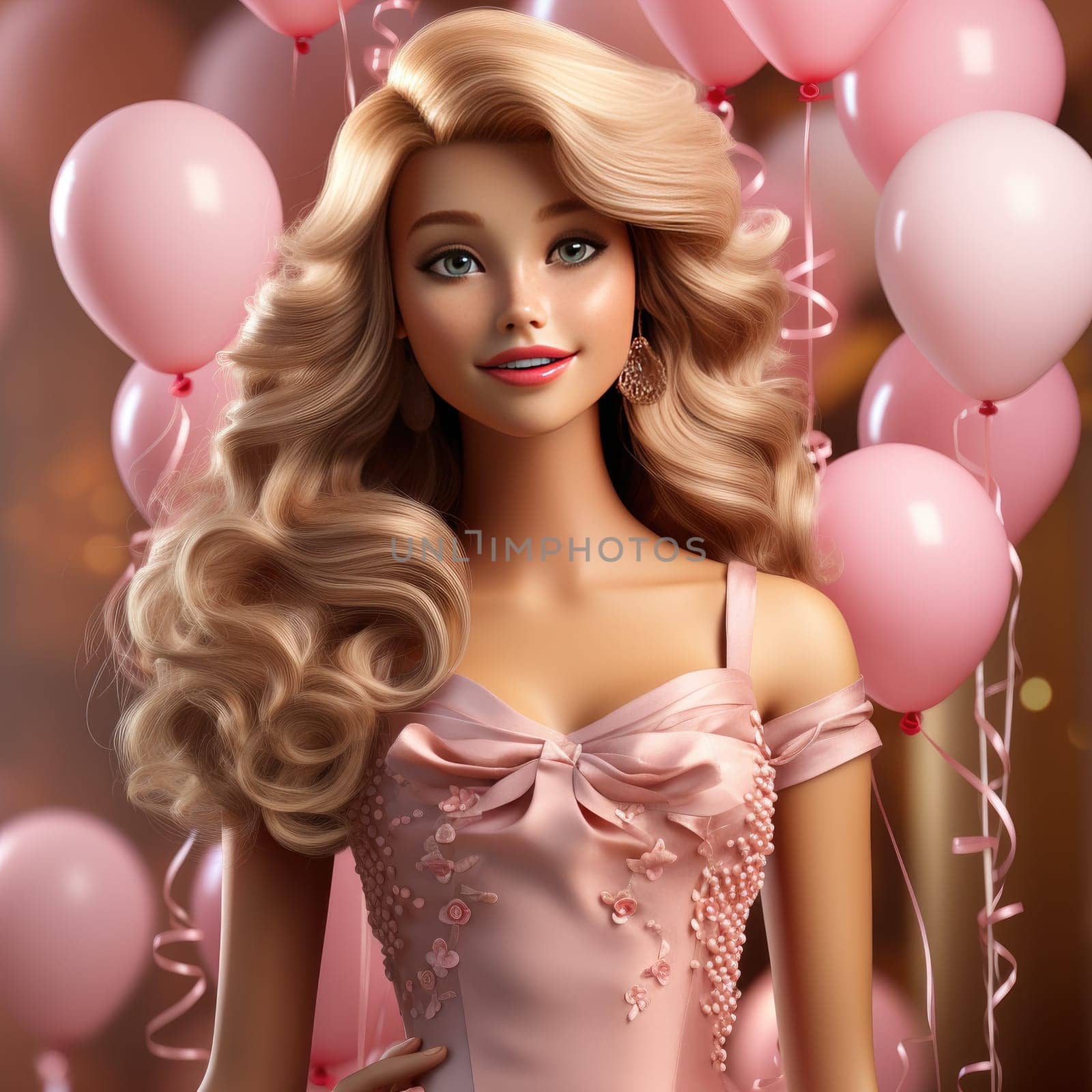 bright portrait of a blonde with curls in pink on a pink background. Ai Generative