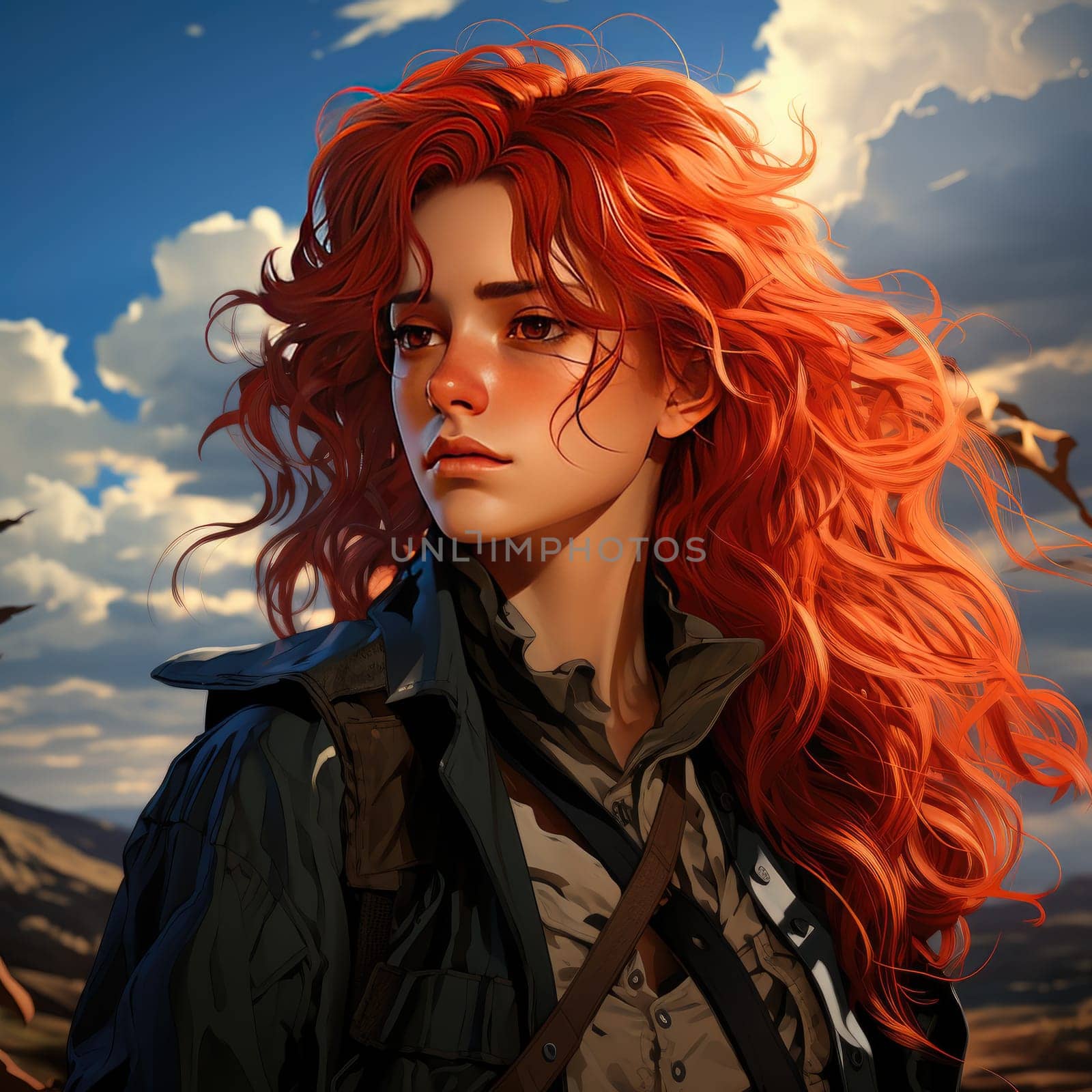 Beautiful young redhead woman soldier portrait. Ai Generative