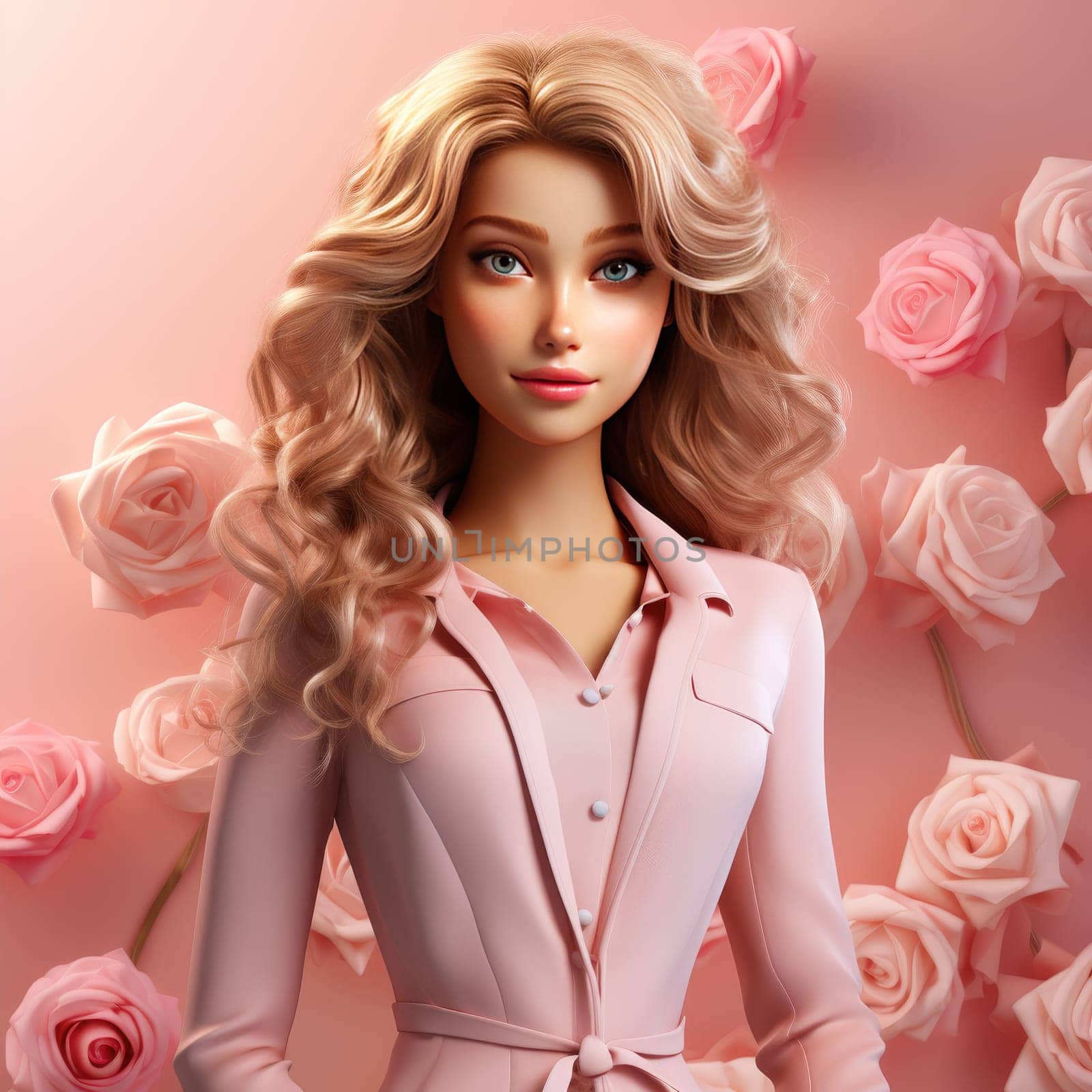 bright portrait of a blonde with curls in pink on a pink background. Ai Generative