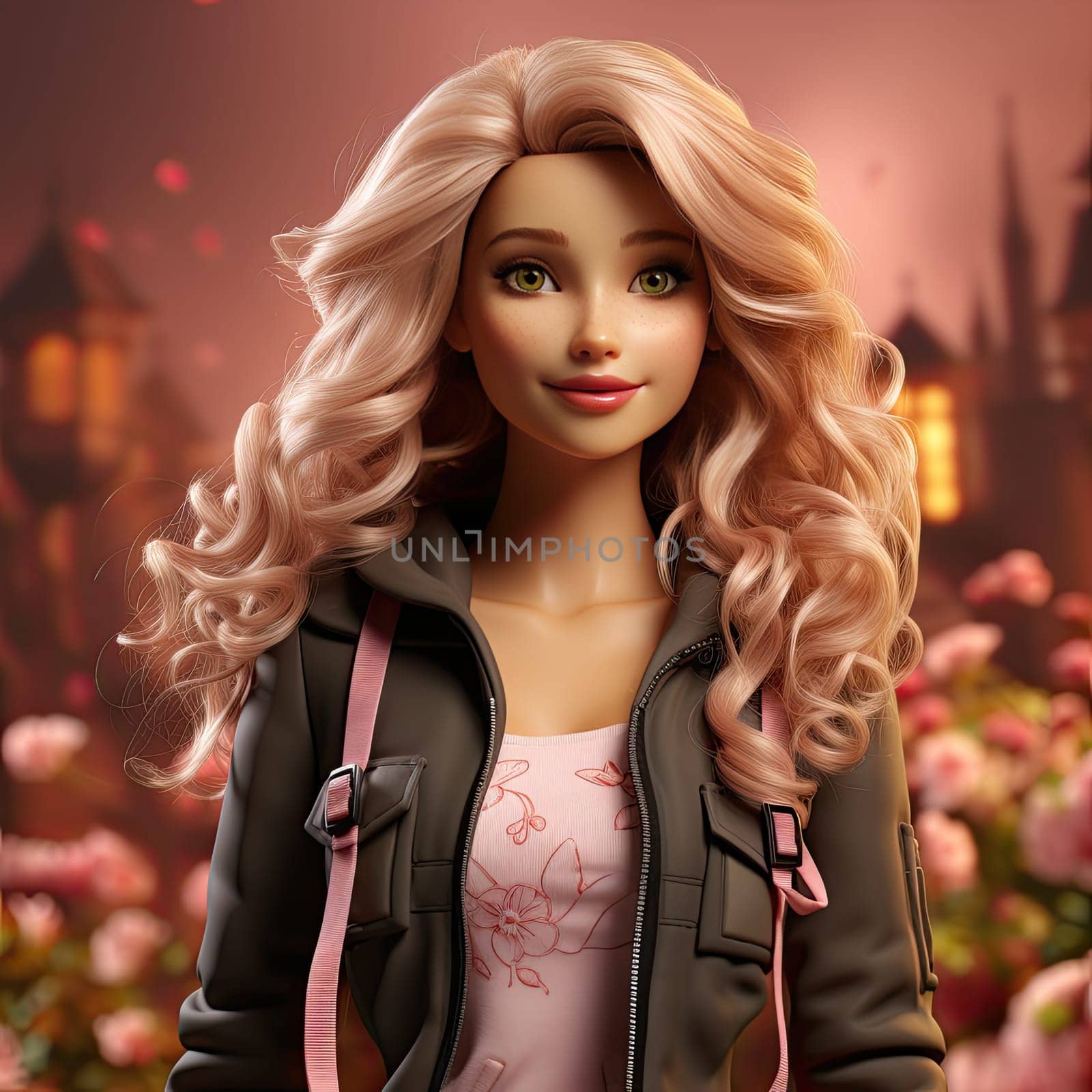 bright portrait of a blonde with curls in pink on a pink background. Ai Generative