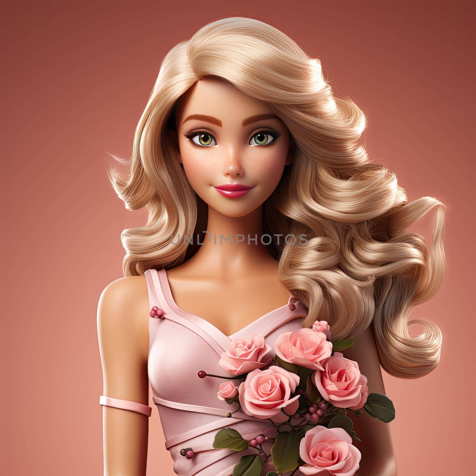 bright portrait of a blonde with curls in pink on a pink background. Ai Generative. by Benzoix