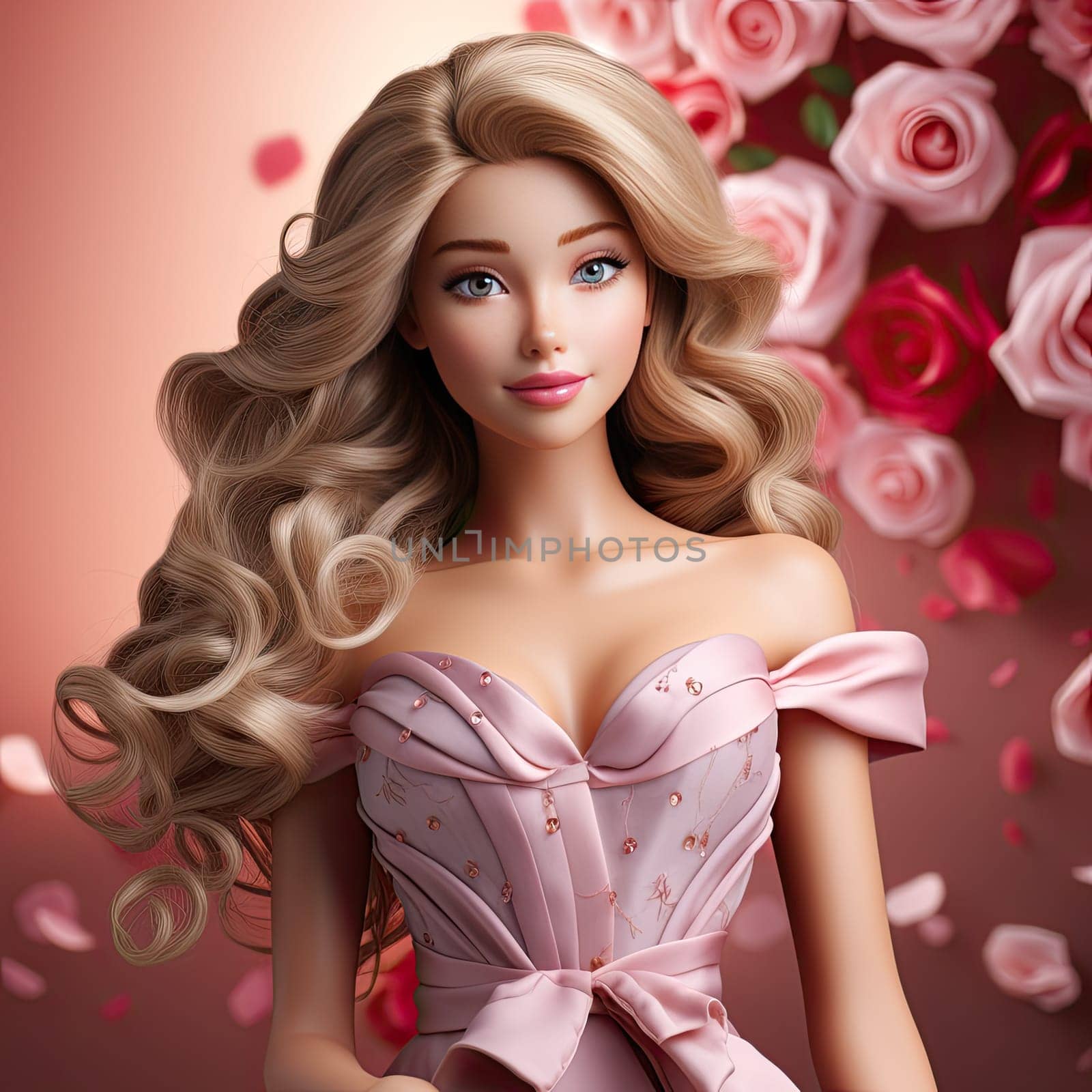 bright portrait of a blonde with curls in pink on a pink background. Ai Generative. by Benzoix