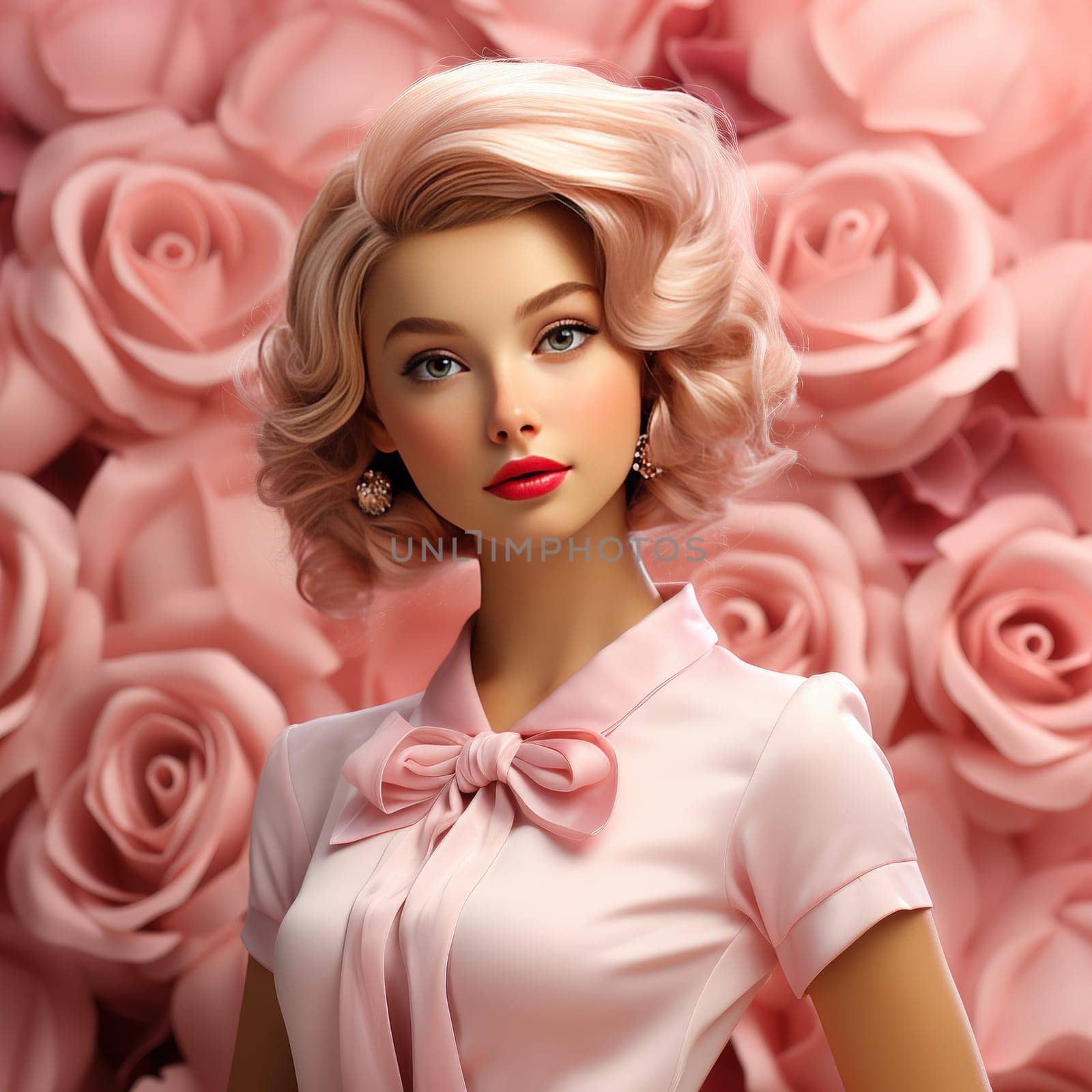 bright portrait of a blonde with curls in pink on a pink background. Ai Generative