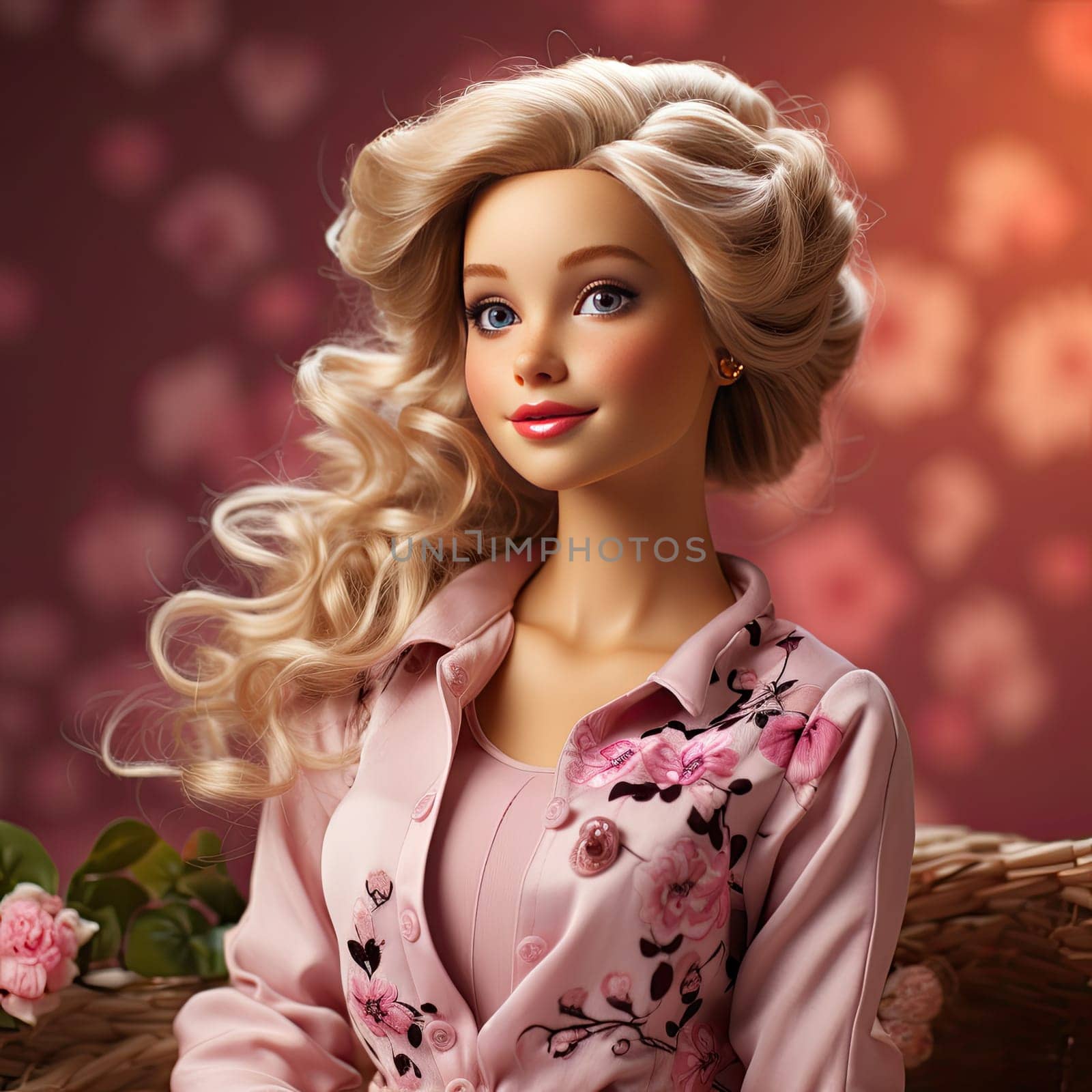 bright portrait of a blonde with curls in pink on a pink background. Ai Generative. by Benzoix