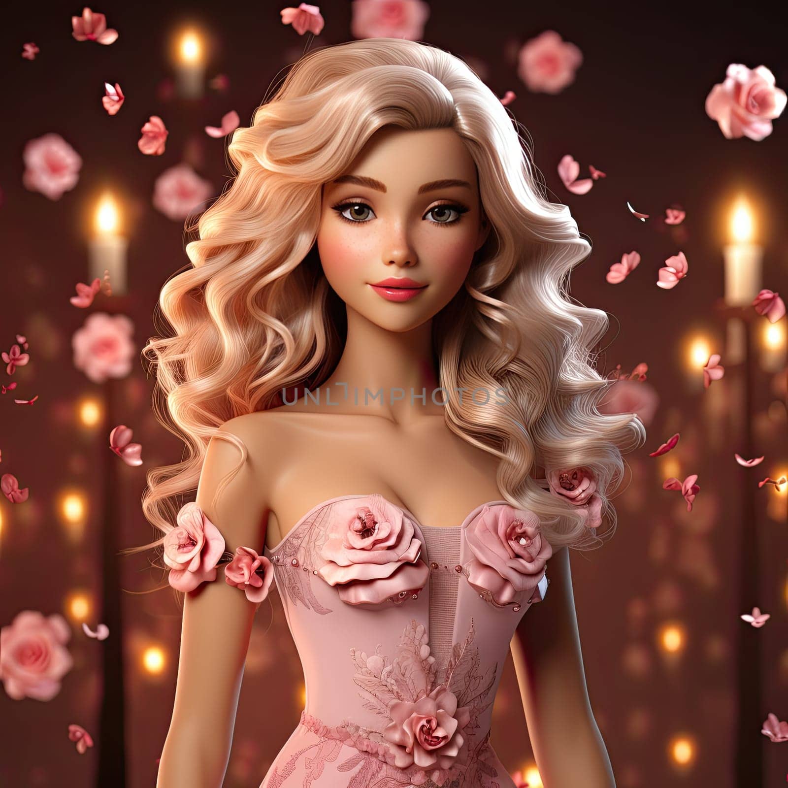 bright portrait of a blonde with curls in pink on a pink background. Ai Generative. by Benzoix