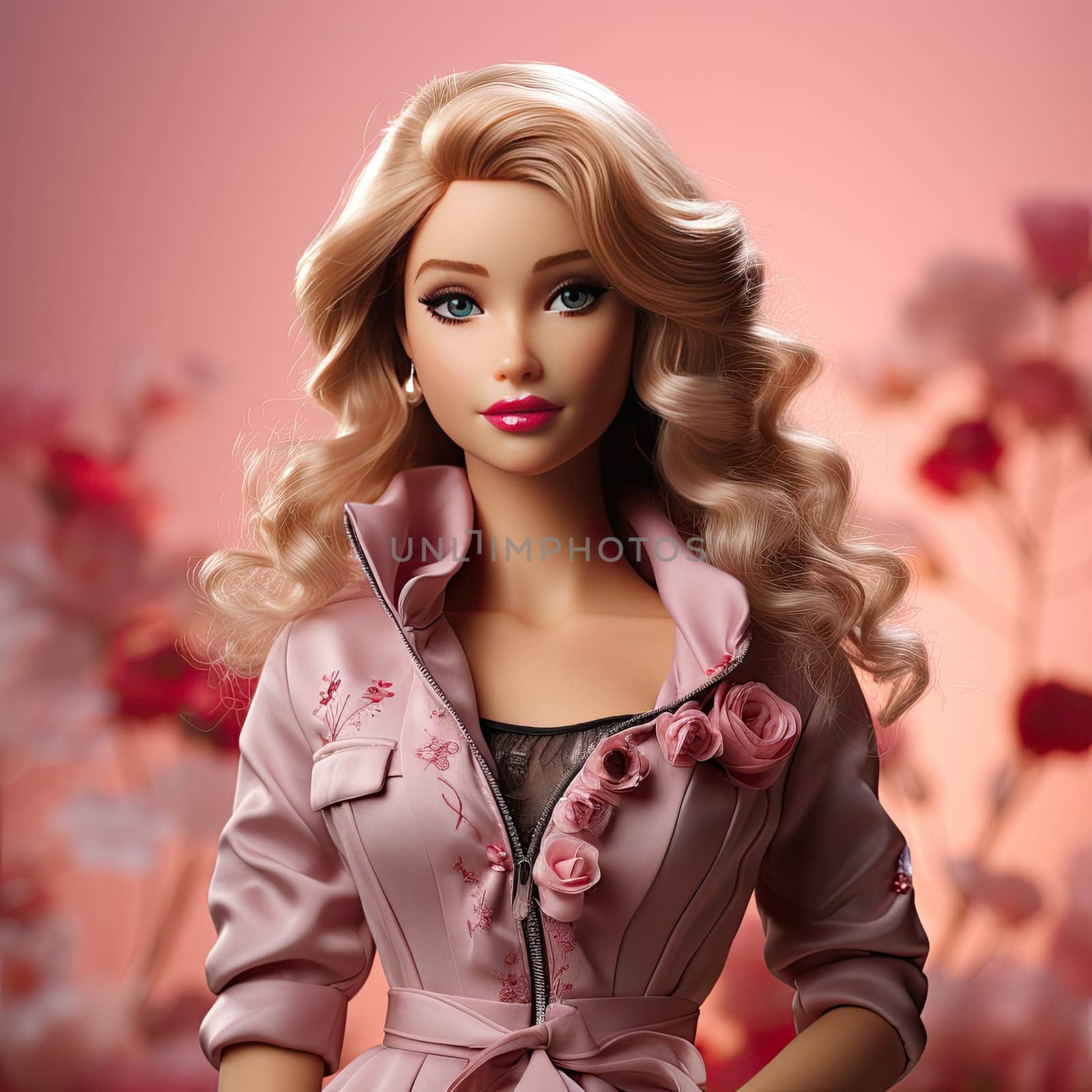 bright portrait of a blonde with curls in pink on a pink background. Ai Generative