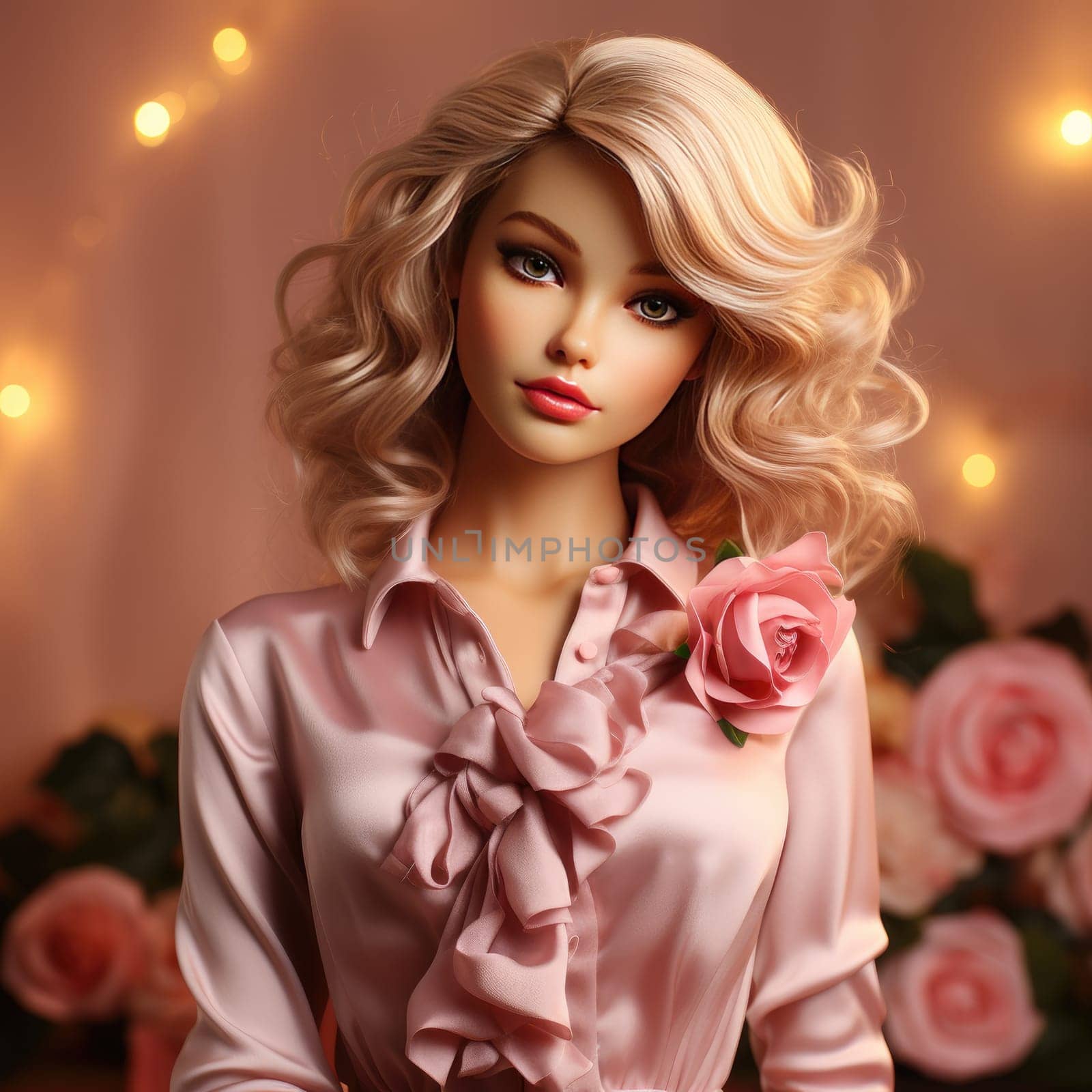 bright portrait of a blonde with curls in pink on a pink background. Ai Generative