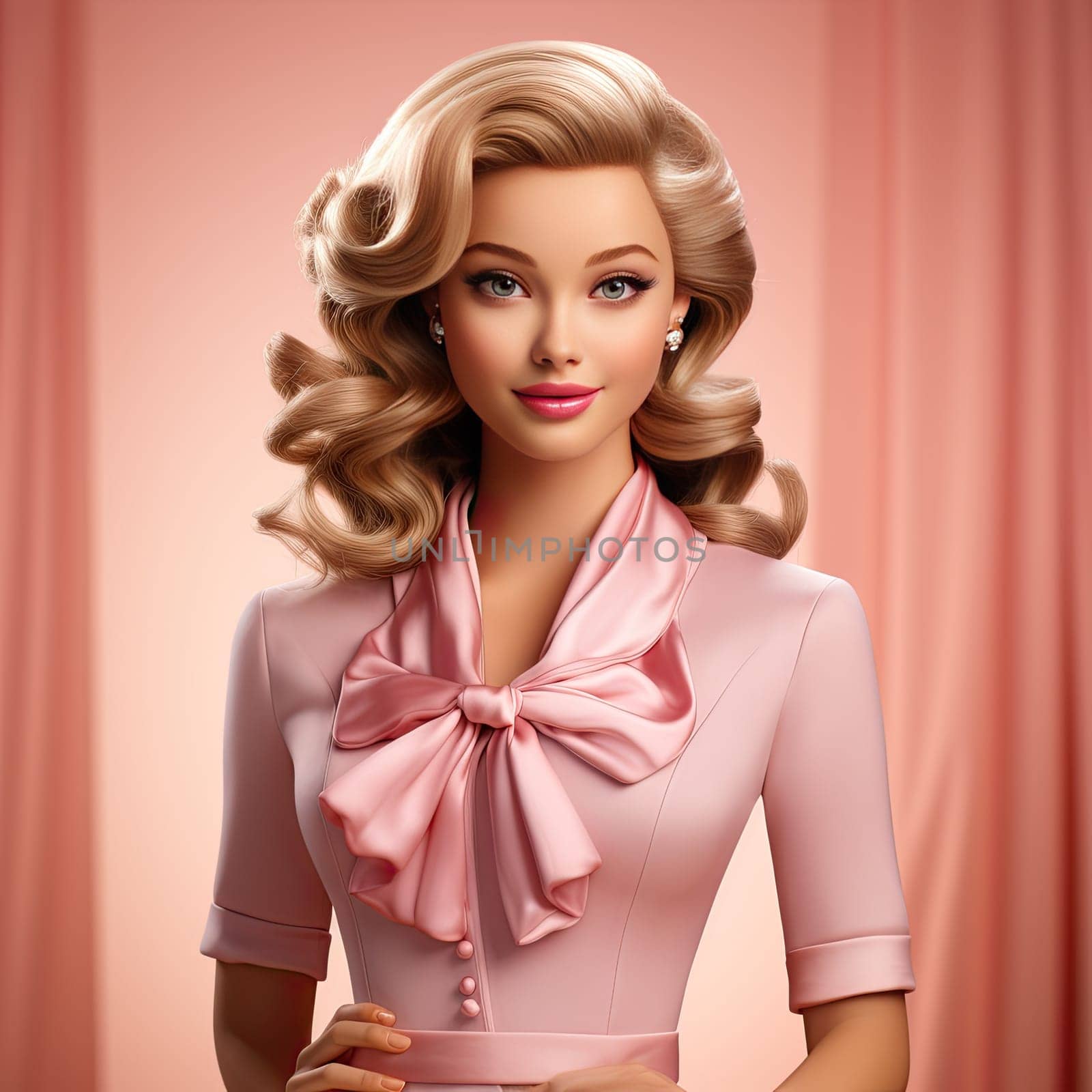 bright portrait of a blonde with curls in pink on a pink background. Ai Generative
