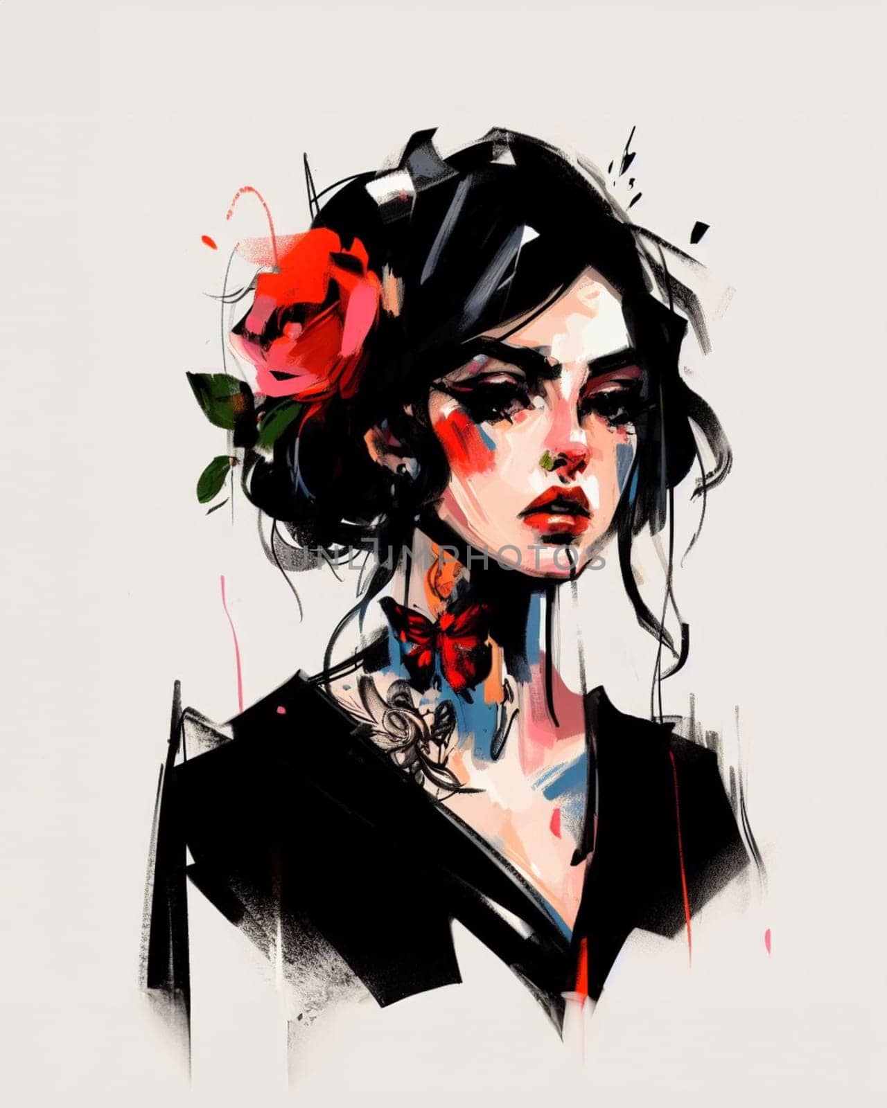 portrait of brunette hispanic woman with roses and butterflies deep brushtroke painting mariposa de amor inspired ai generative art