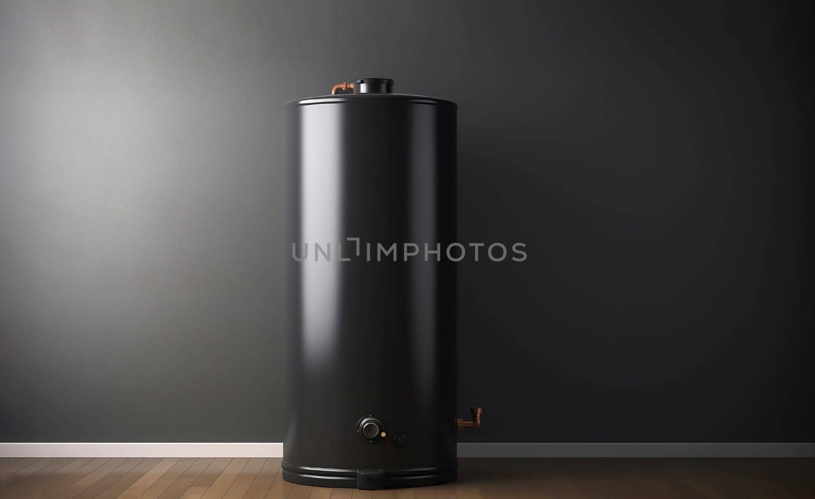 Black Water Heater Tank With Water Temperature Control, Electric Boiler in Modern Boiler Room with Gray Walls and Wooden Floor. Horizontal Plane. Space For Text, AI Generated. High quality photo