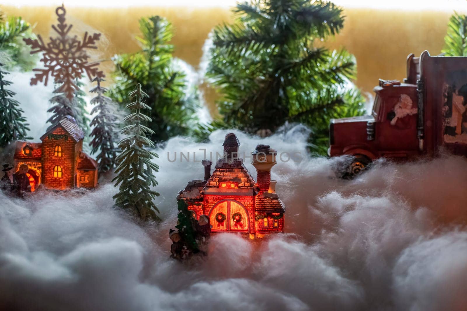 Christmas house. Night Photography. The concept of delivering goods and a Happy New Year greeting card. by Renisons