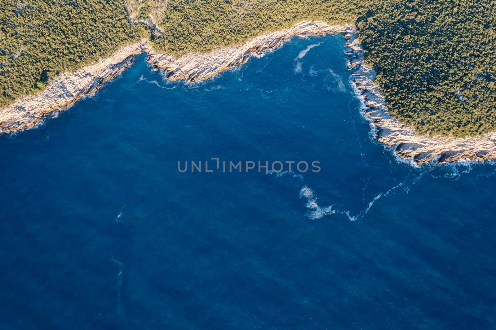 Clear blue sea near a rocky high green shore. Drone. High quality photo