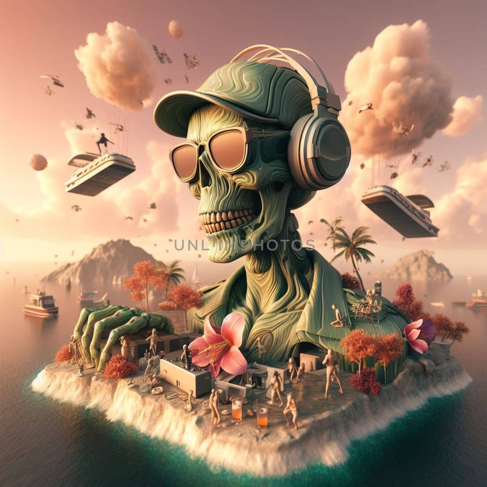 steampunk creature dj, poser, play music for crowd in beach , arriving in boats and ships at sunset by verbano