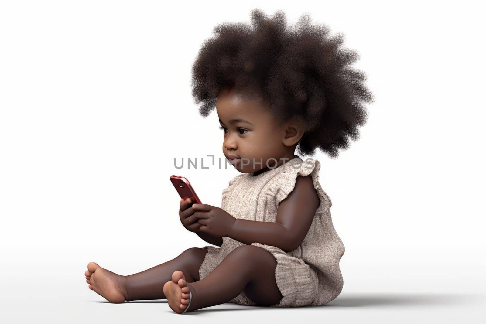 Cute little African American baby girl is sitting on a white background and hold a smartphone by Zakharova