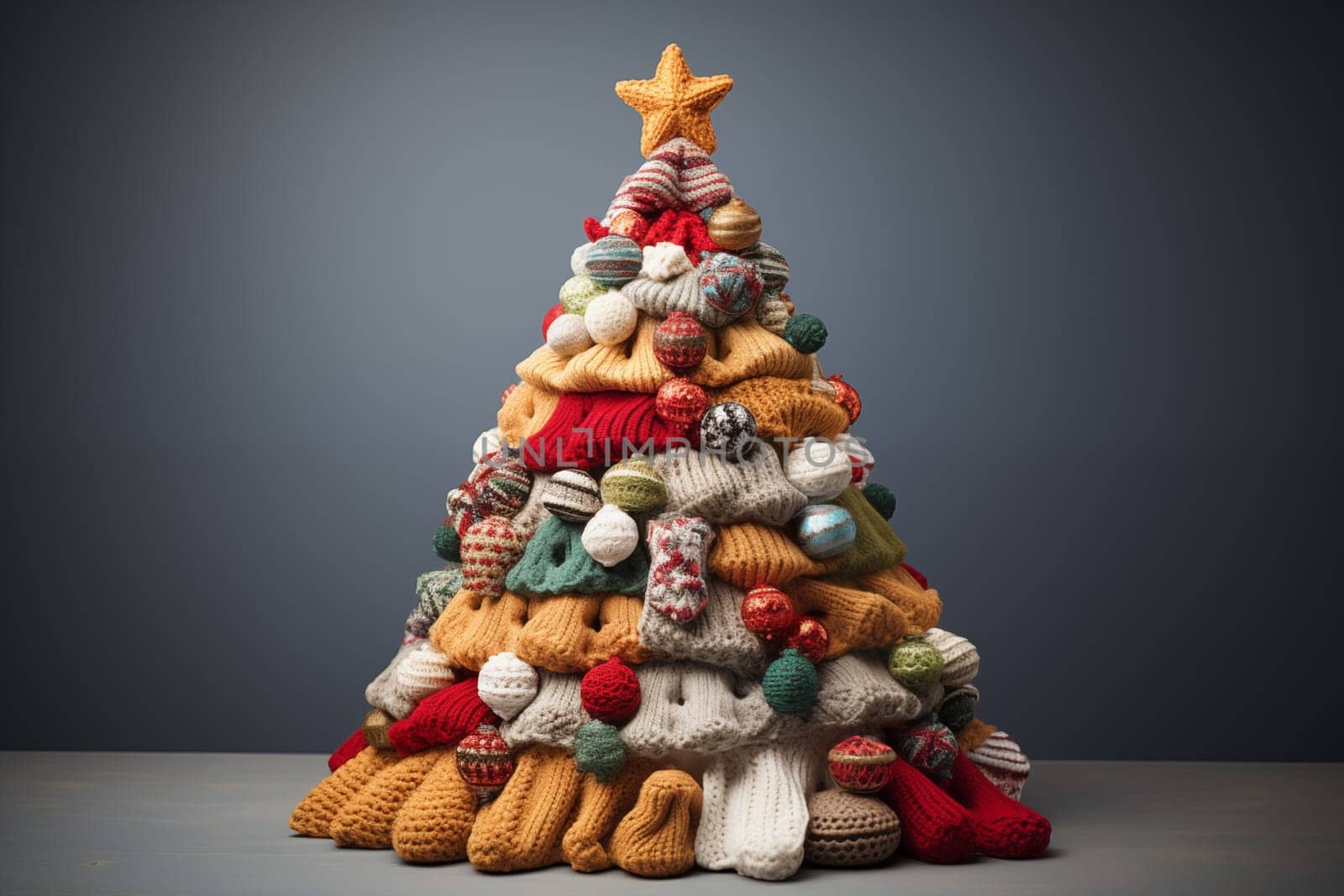 Creative knitted multicolor Christmas tree with knitted balls stand isolated on a grey background.