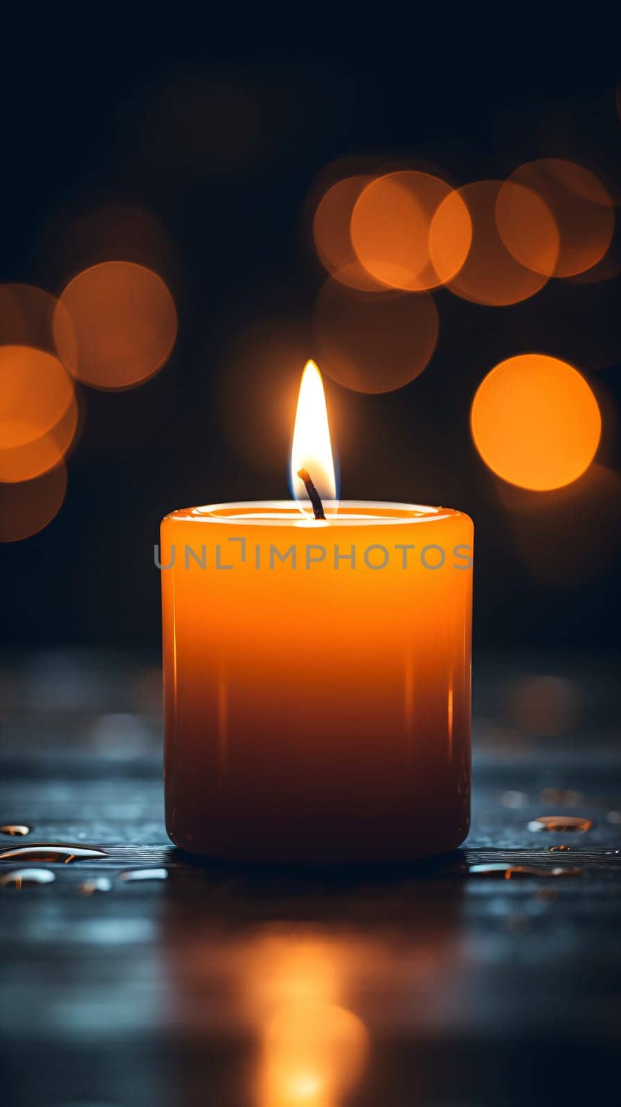 A lit candle with a flame against blue background with defocused lights by chrisroll