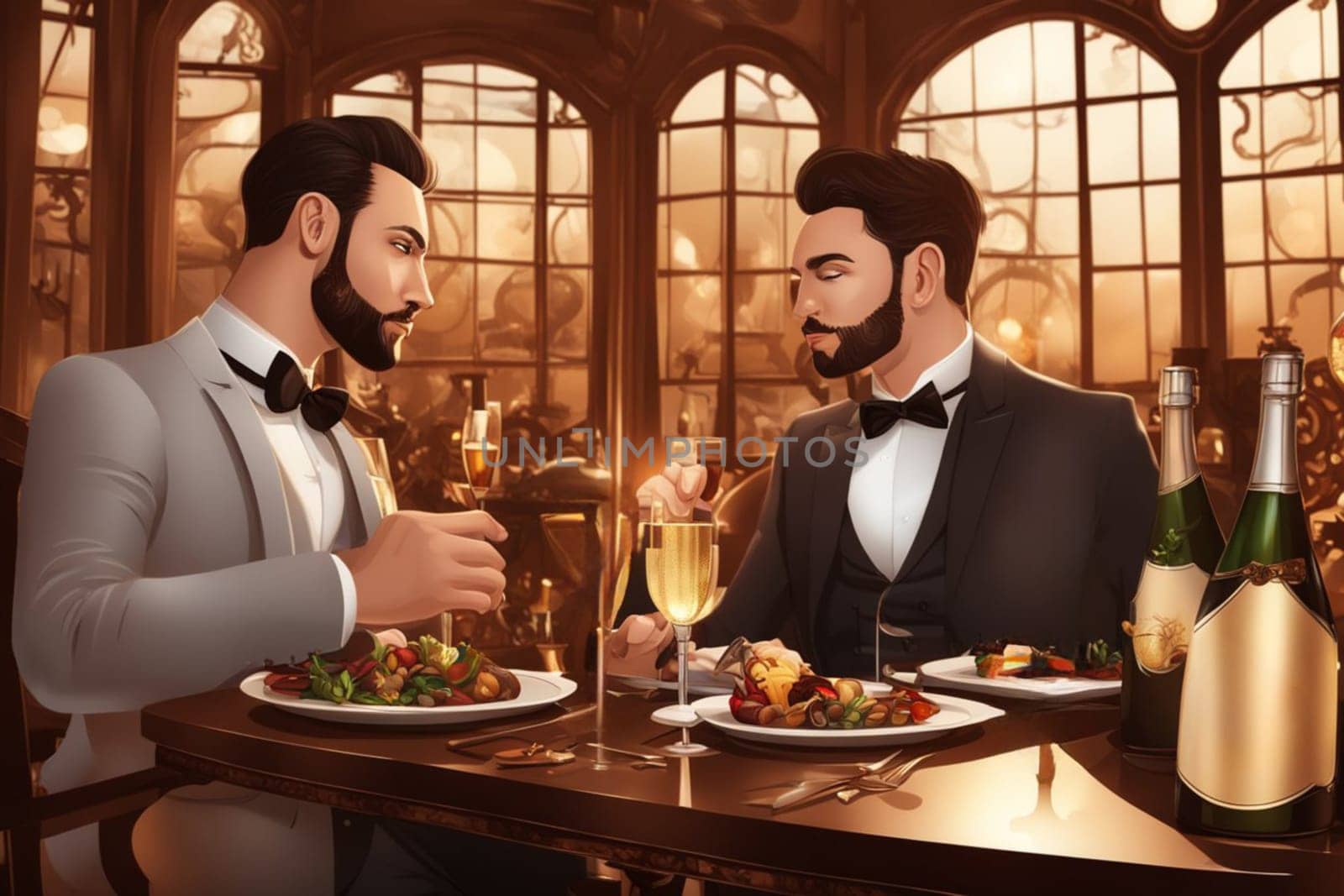 elegant couple dining at home illustration by verbano