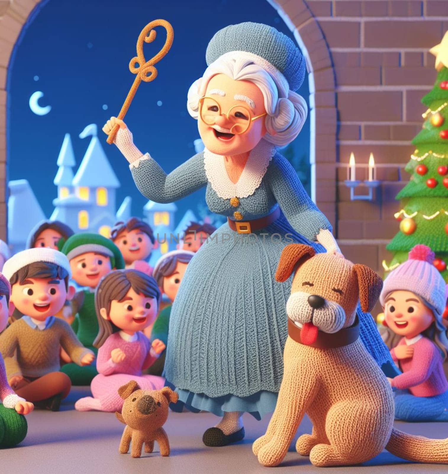 granny wear santa claus costume telling christmas fairy tales to children near a castle illustration 3d render ai art generated