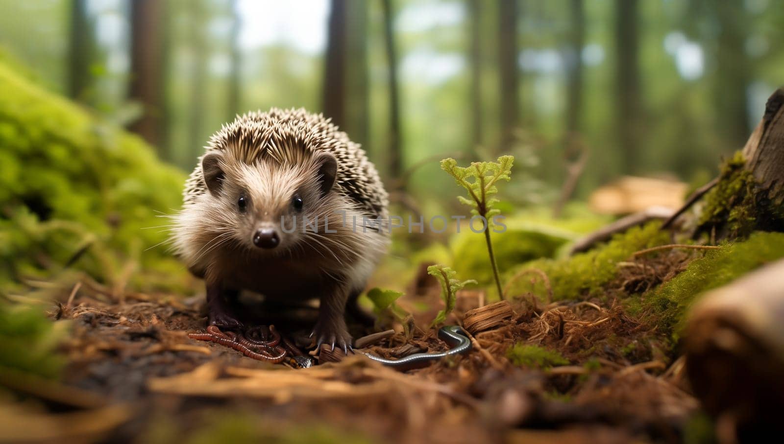 Wild Hedgehog Erinaceus Europaeus Eats Worm and Snake in Green Forest, on Moss-covered Ground Horizontal. Copy Space for Copy. Animal Wildlife. AI Generated. by netatsi