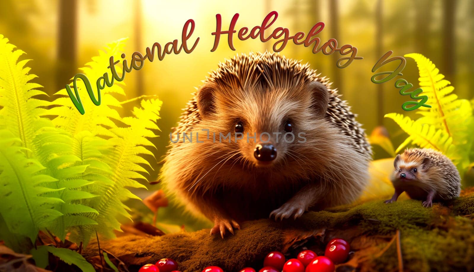 Postcard Mother and Baby Hedgehog, Text 'National Hedgehog Day' in Green Forest, on Moss, Ground with Berries, Leptosporangiate Ferns, Polypodiopsida Plant. Horizontal. Animal Wildlife. AI Generated
