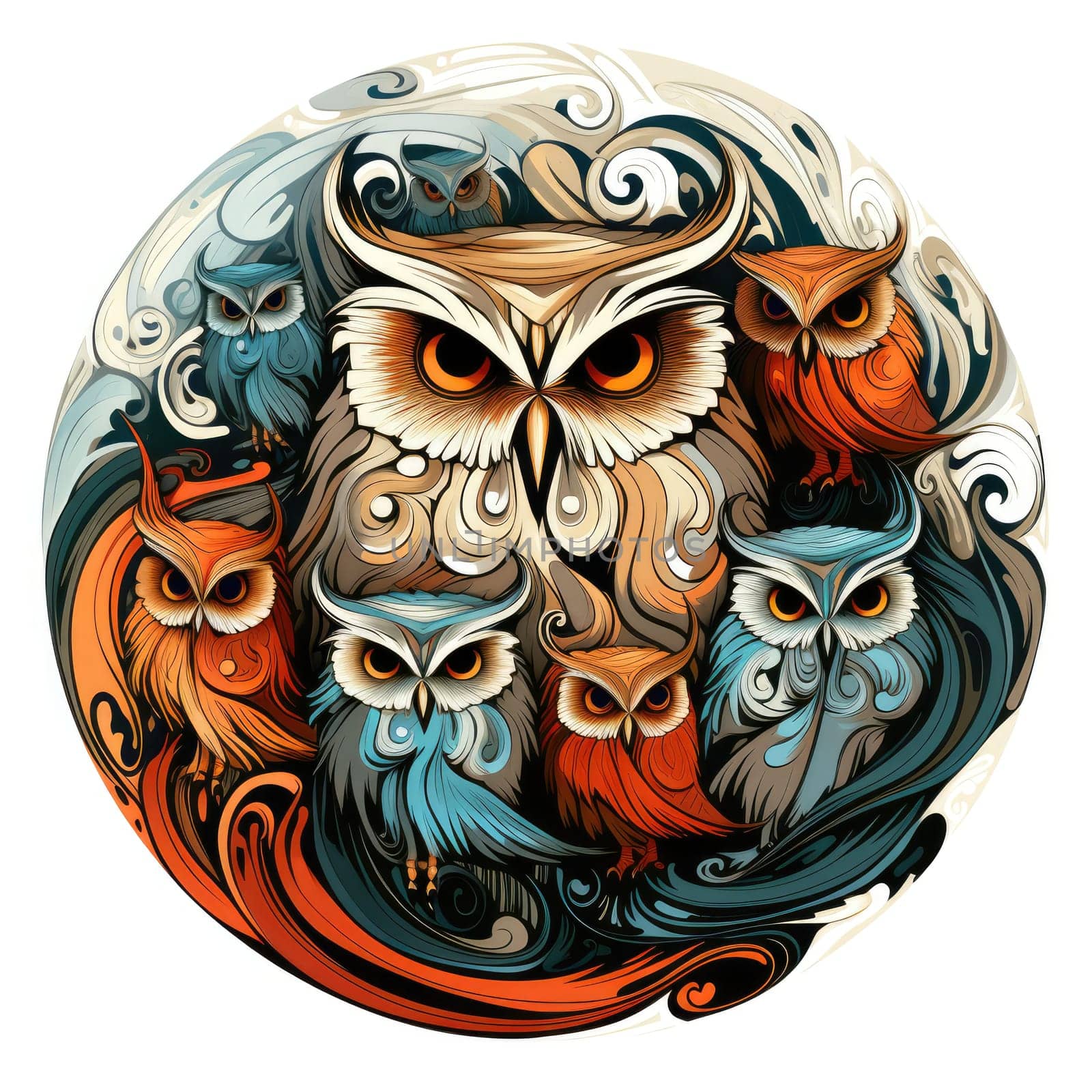 Illustration of an owl family in a decorative art style isolated on white. Template for sticker, t-shirt print, poster, etc.