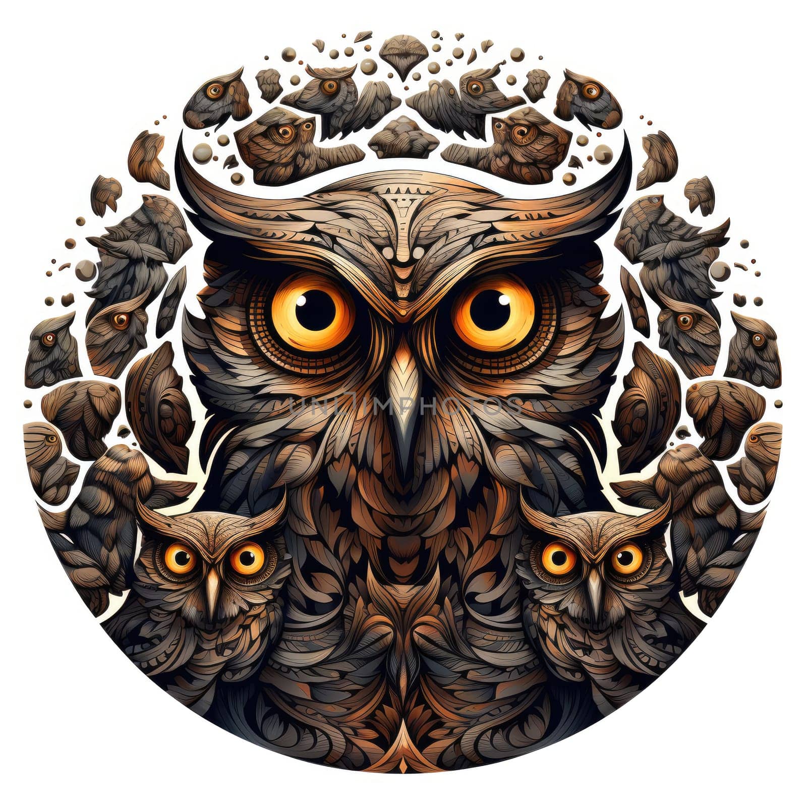 Illustration of an owl family in a decorative art style isolated on white. Template for sticker, t-shirt print, poster, etc.
