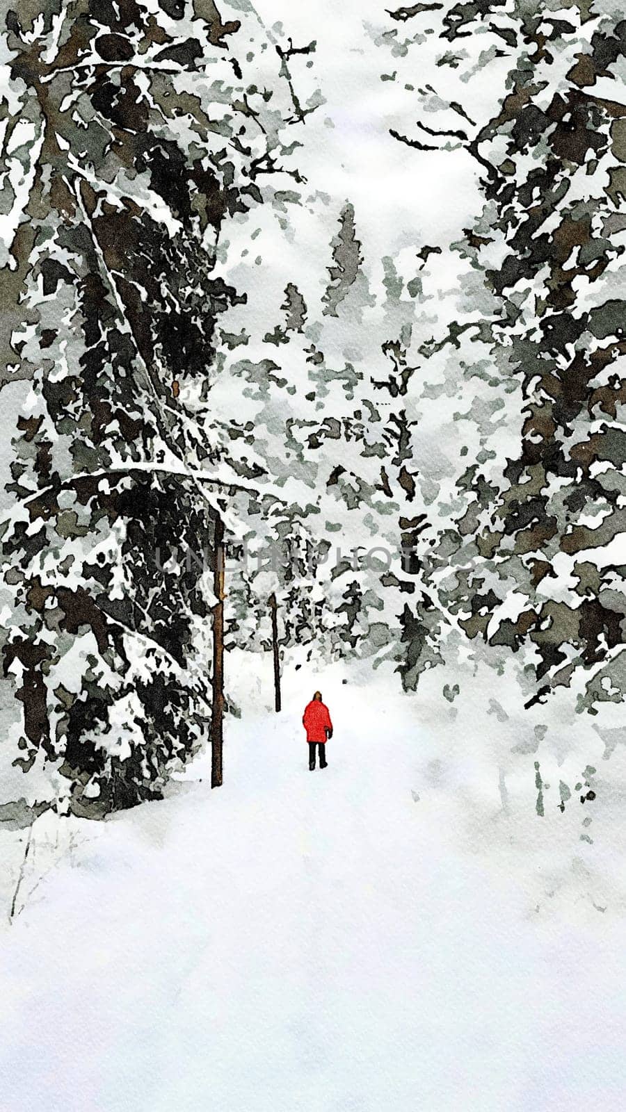A person dressed in red walks alone in the snowy forest during a sunny day in winter.