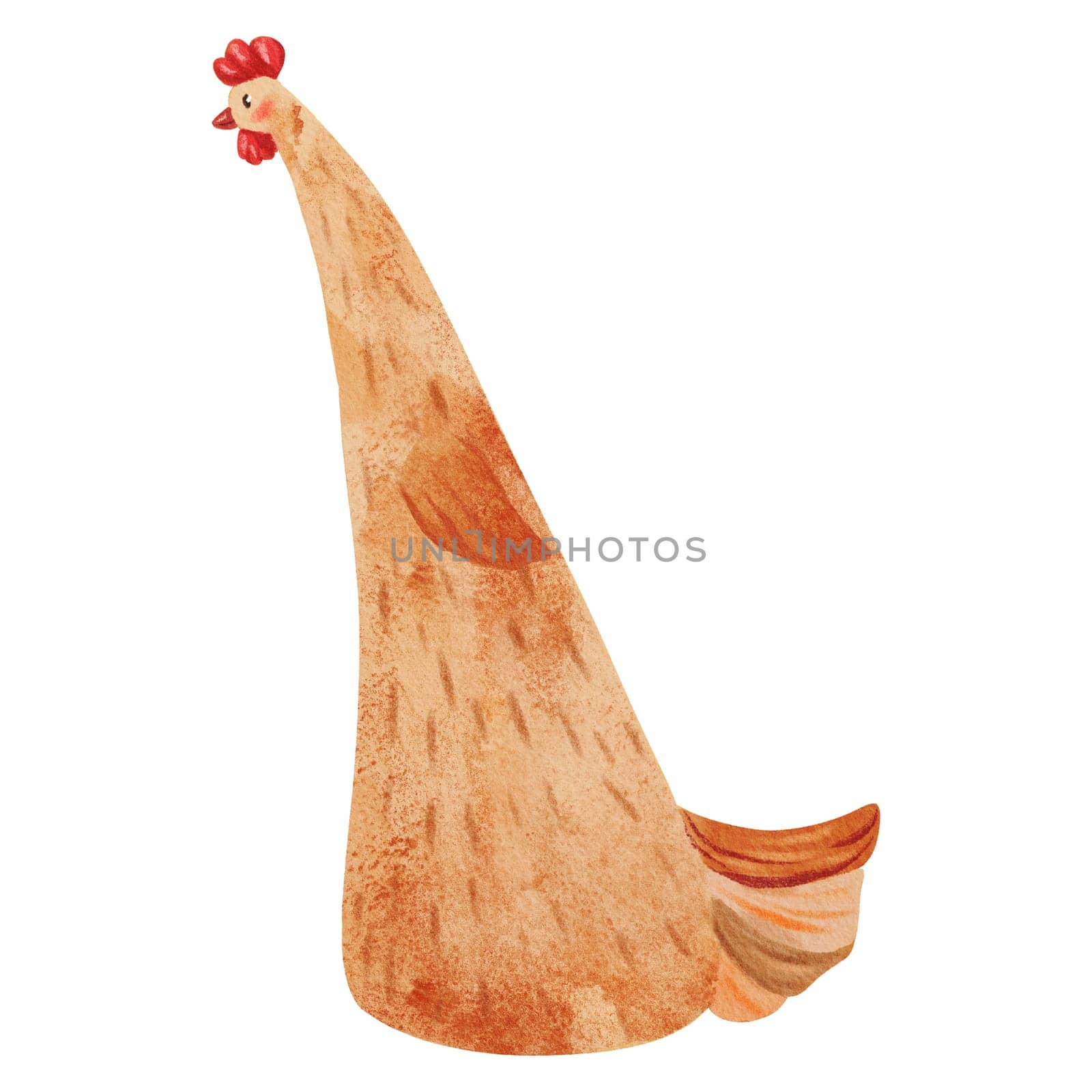 Watercolor illustration in a cartoon style. a speckled chicken. the whimsical charm of a feathered friend. playful and lighthearted atmosphere, perfect for children's designs, cards, and prints.