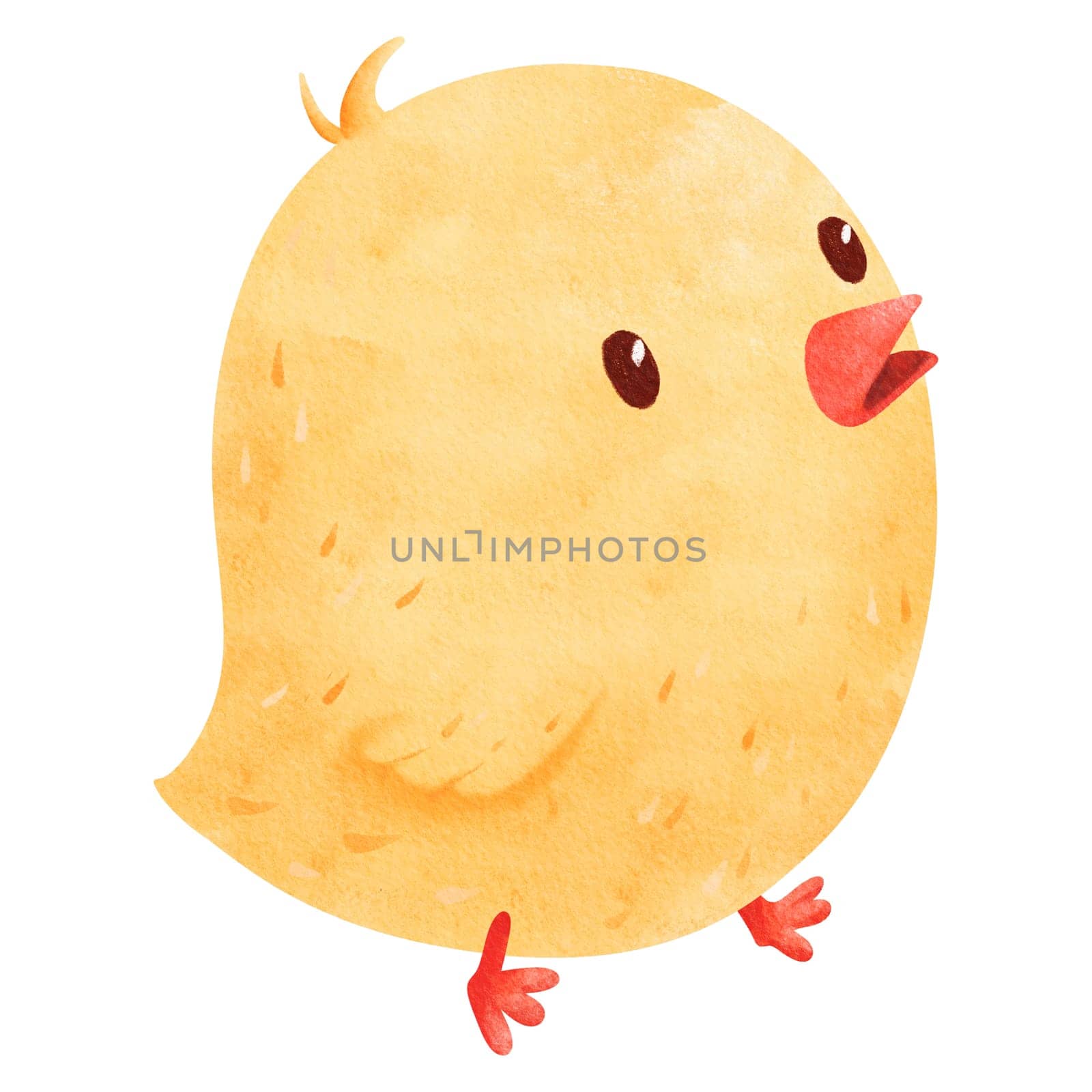 Fluffy, amazing chick strolling. Watercolor illustration in a cartoon style, showcasing the endearing and comical allure of a little bird in motion. for conveying a playful and jovial atmosphere by Art_Mari_Ka