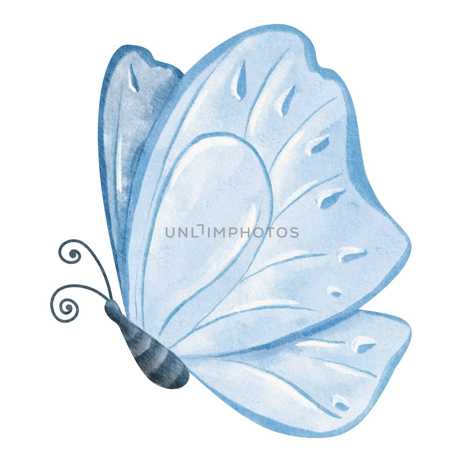 Watercolor illustration of a blue butterfly in a cartoon style. Captures the whimsical charm of a playful and vibrant insect. for a lighthearted and colorful atmosphere. for designs, card and print.