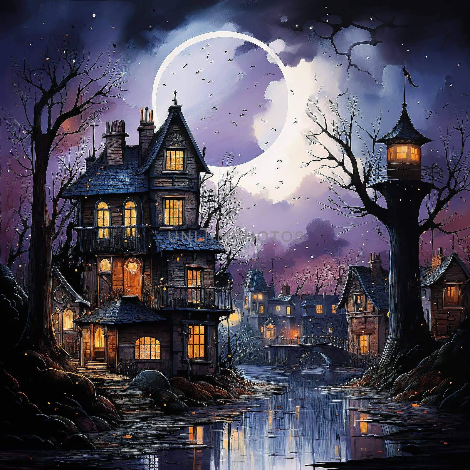 Colorful image of a large castle at night in the light of the moon. High quality illustration