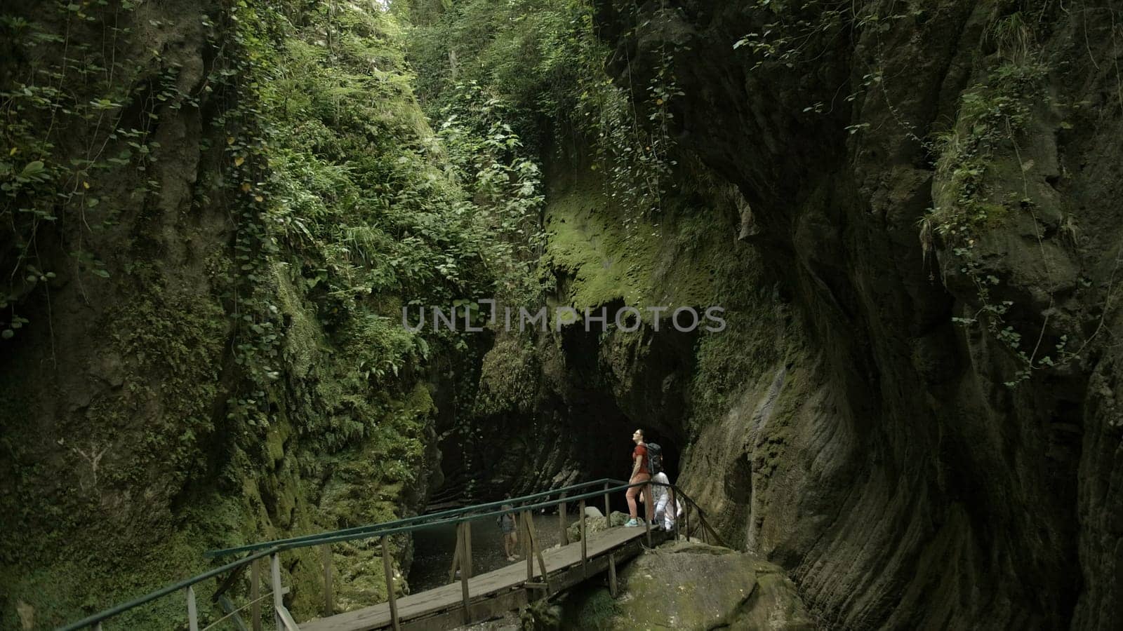 Hikers on a bridge that crosses stones and stream. Creative. Young couple exploring tropical rainforest
