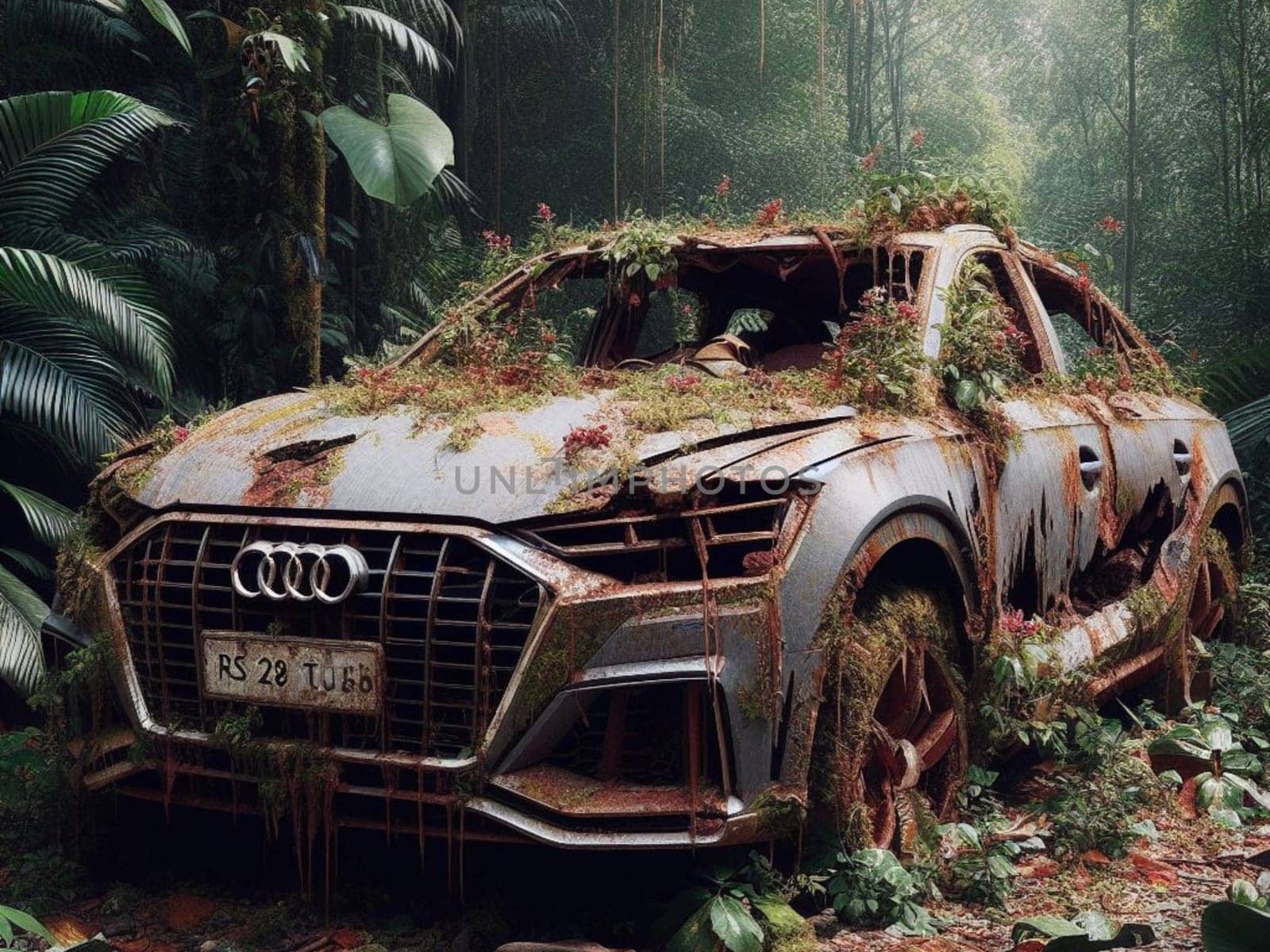 Abandoned rusty expensive atmospheric 4x4 suvas circulation banned for co2 emission 2030 agenda , severe damage, broken parts, plants overgrowth bloom flowers. ai generated