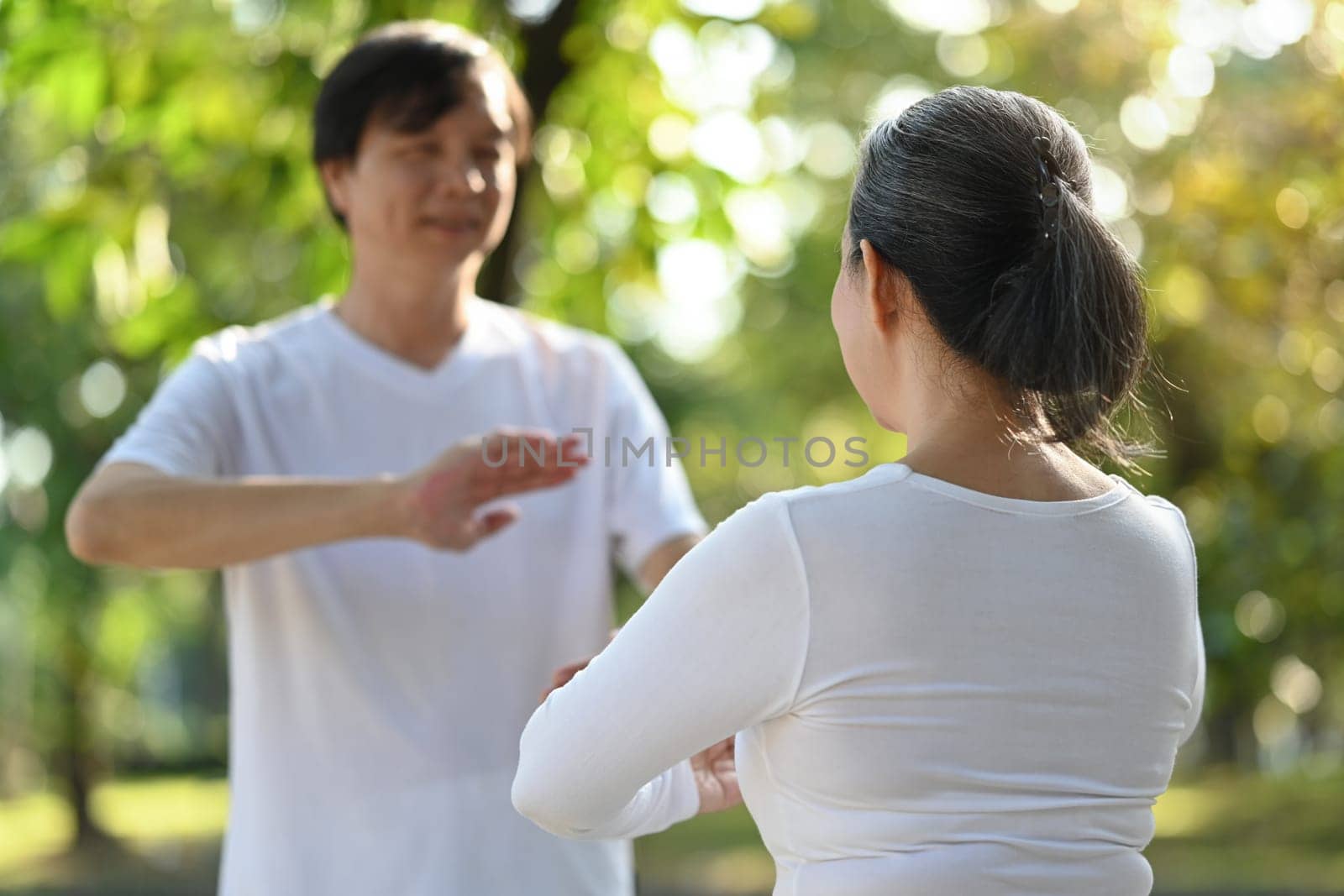 Asian senior couple doing Qigong exercises in the park. Healthy lifestyle concept