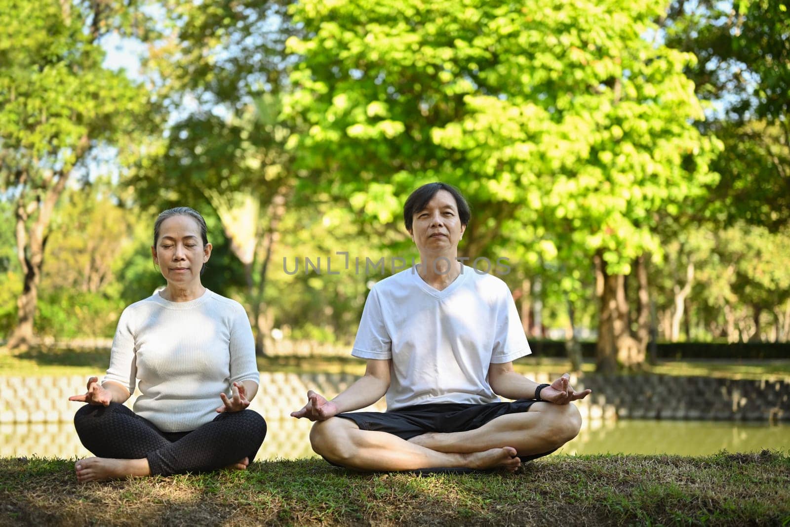 Peaceful middle aged couple sitting in lotus pose on green grass, practicing in summer park. by prathanchorruangsak