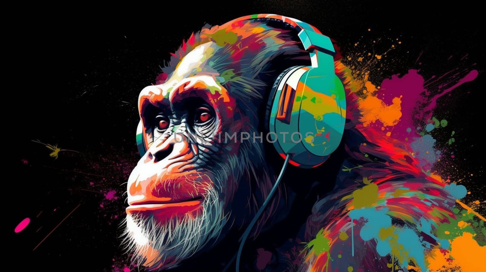 Funny gorilla in studio headphones. selective focus. Generative AI,