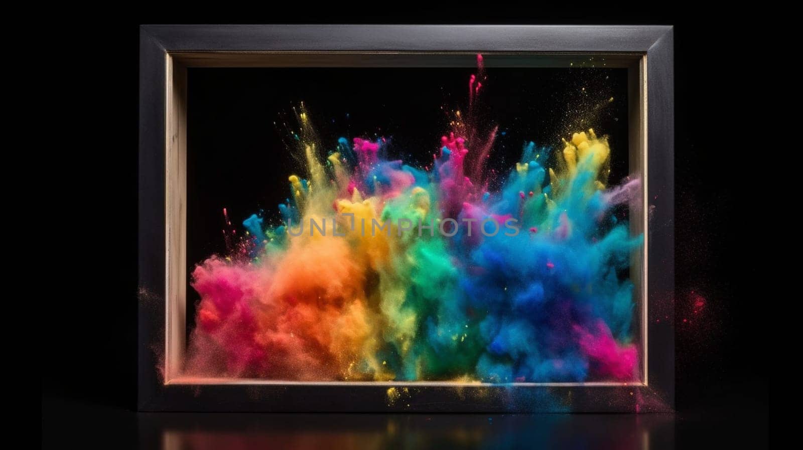 Product display frame with colorful explosion on white background. selective focus. Generative AI, by mila1784