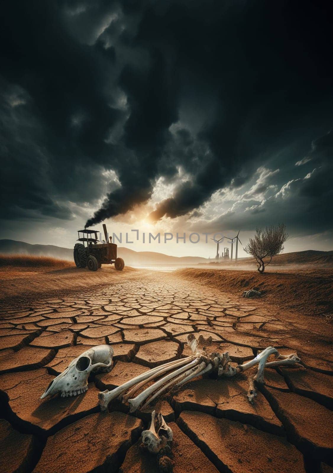 Scorched earth arid soil desert heat sun climate change global warming drought , abandoned unfertile land, tractor, animal bones, contaminating factoriess smoking, apocalyptic scene, ai generated