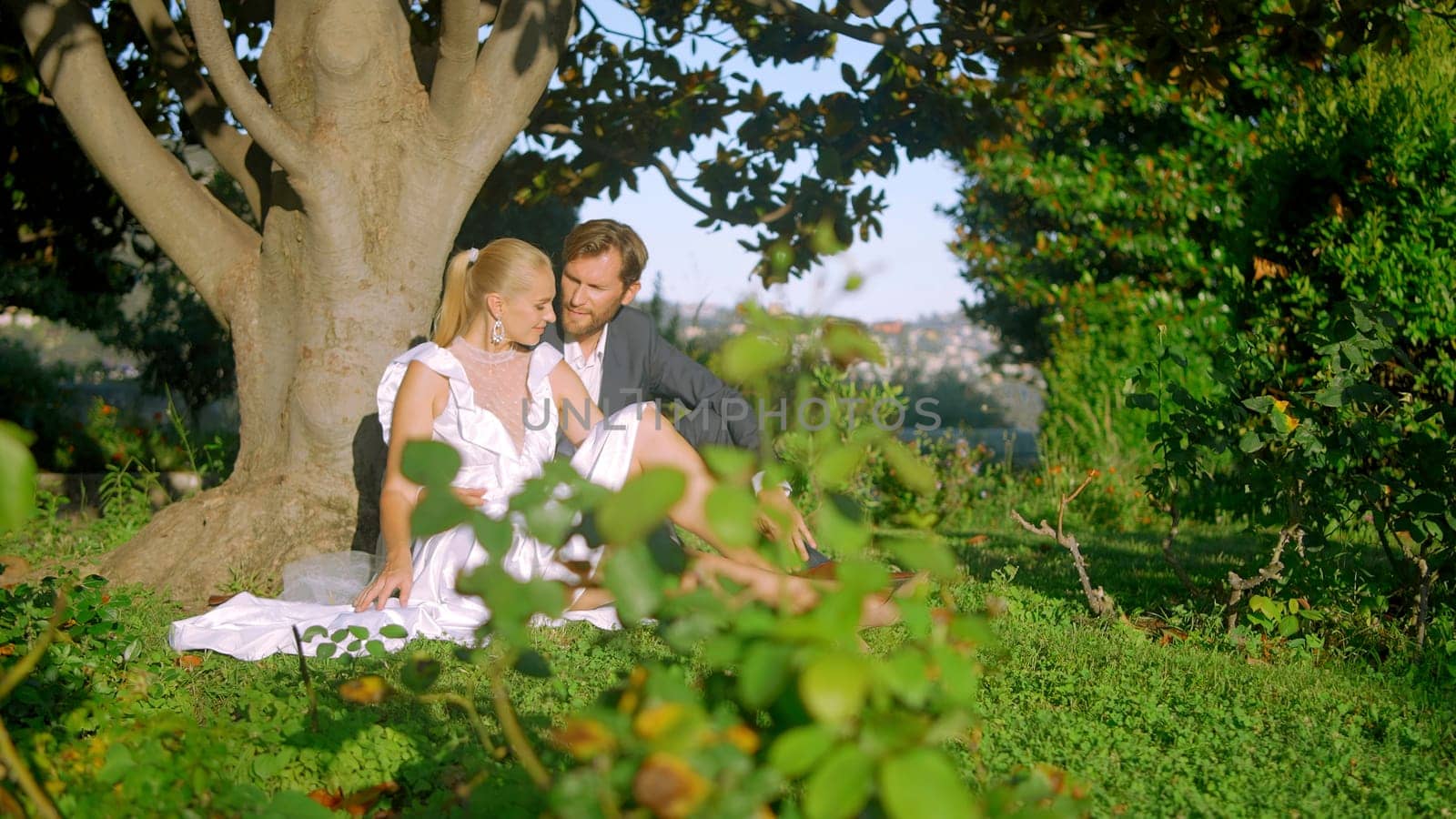 The bride and groom sitting by the tree trunk and hugging in the park. Action. Concept of romance and love, wedding traditions