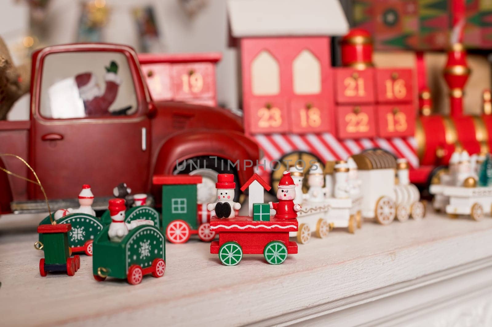 Wooden toy train. Christmas trip. Christmas card. toy vintage steam locomotive.New year celebration concept.toy store by YuliaYaspe1979