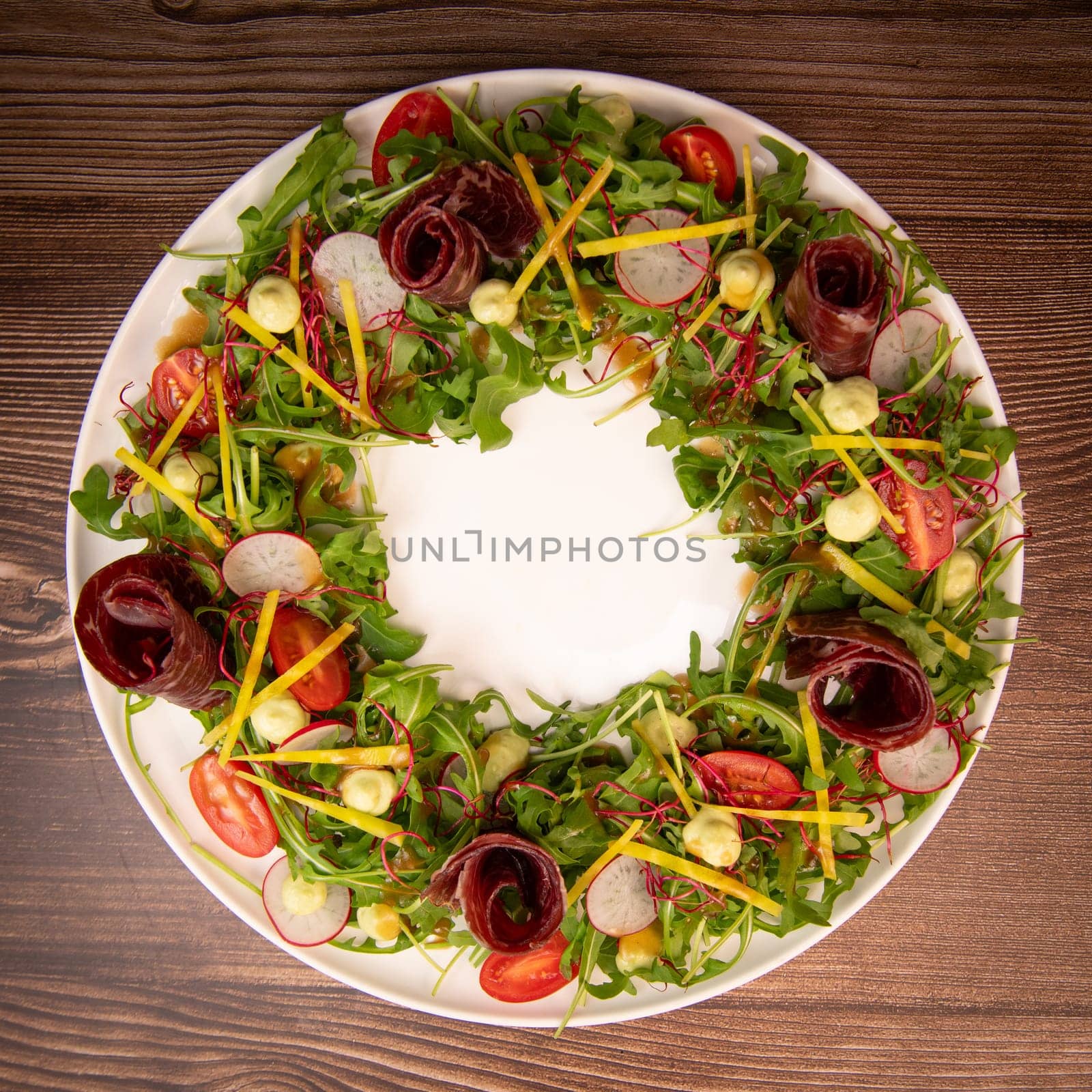 Tasty salad ham with fresh vegetables on wooden background, High quality photo