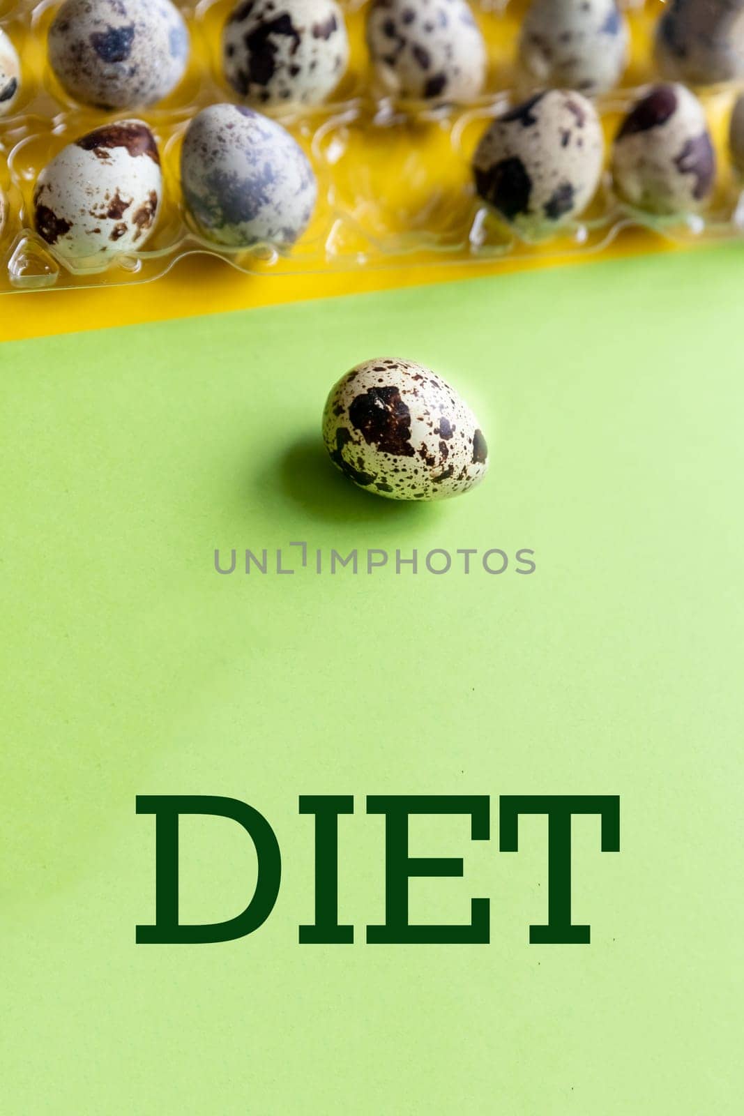 Creative quail egg layout on colorful background. Quail eggs pattern. Happy easter concept. Minimal design. flat lay, eggs pattern. Springtime Banner with text diet by YuliaYaspe1979
