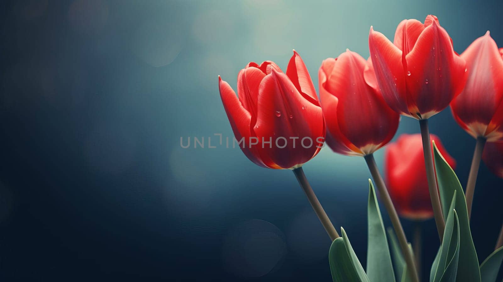 Bouquet of bright red tulip buds on a dark background, AI generated.