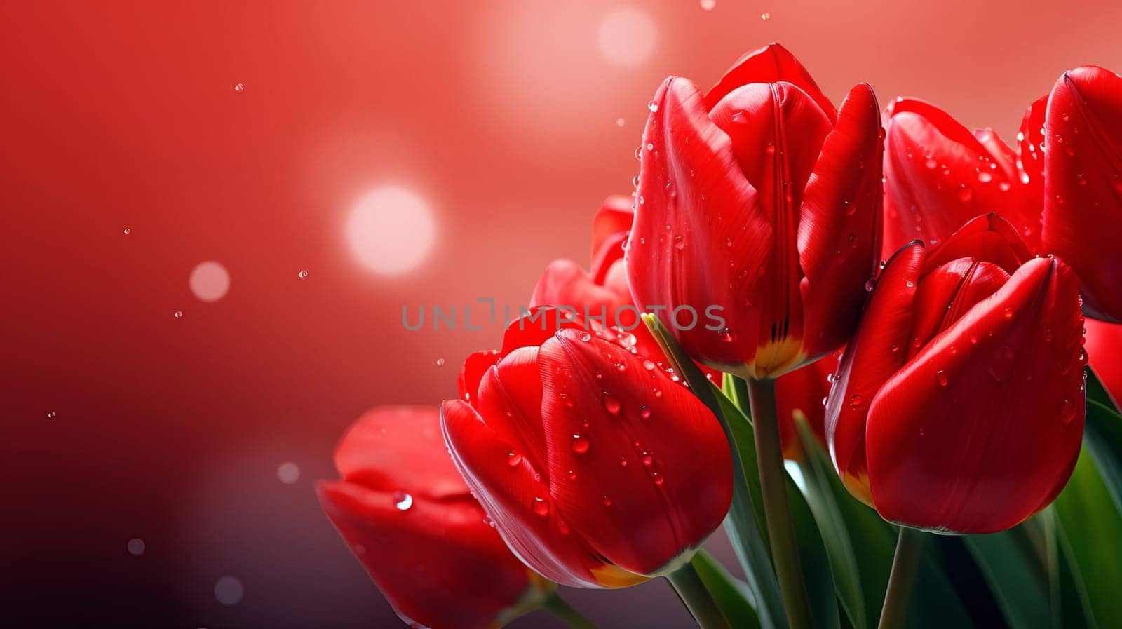Bouquet of bright red tulip buds on a dark background, AI generated.
